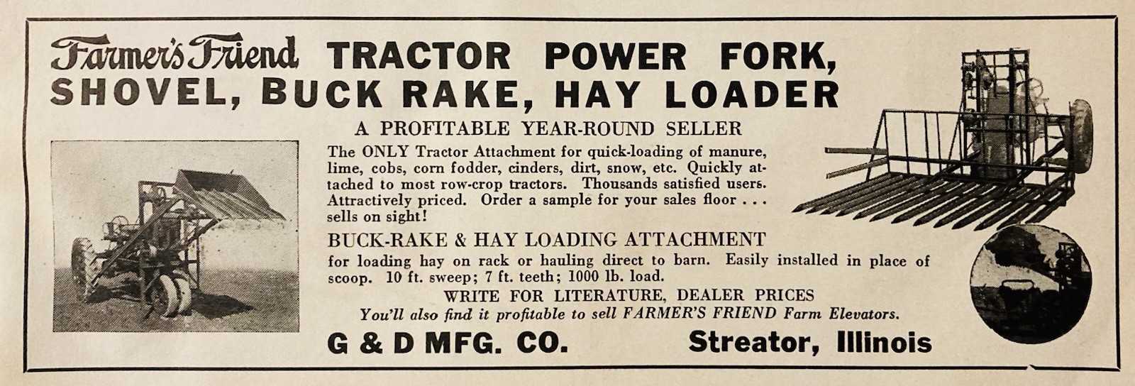 1944 AD.(PC5)~G & D MFG. CO. STREATOR, ILL. FARMER’S FRIEND TRACTOR POWER RAKE