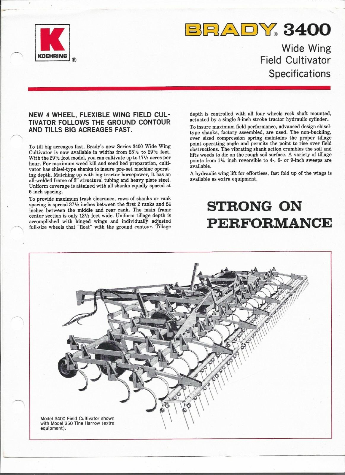 Original OEM Brady Koehring 3400 Wide Wing Field Cultivator Spec Sheet Brochure