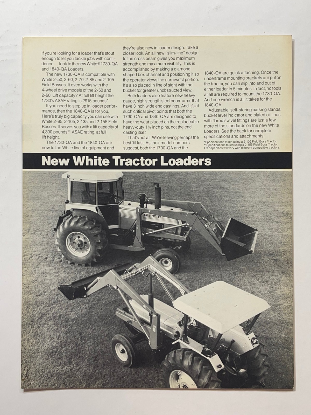 Vintage 1978 – White Tractor Loaders Sales Brochure *Showroom Sales Sheet*