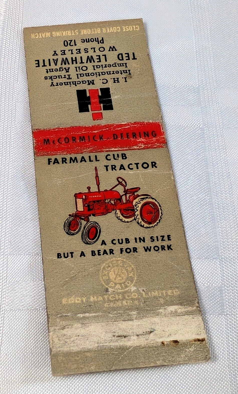 FARMALL CUB TRACTOR ADVERTISING MATCHBOOK TED LEWTHWAITE WOLSELEY FARM FARMS