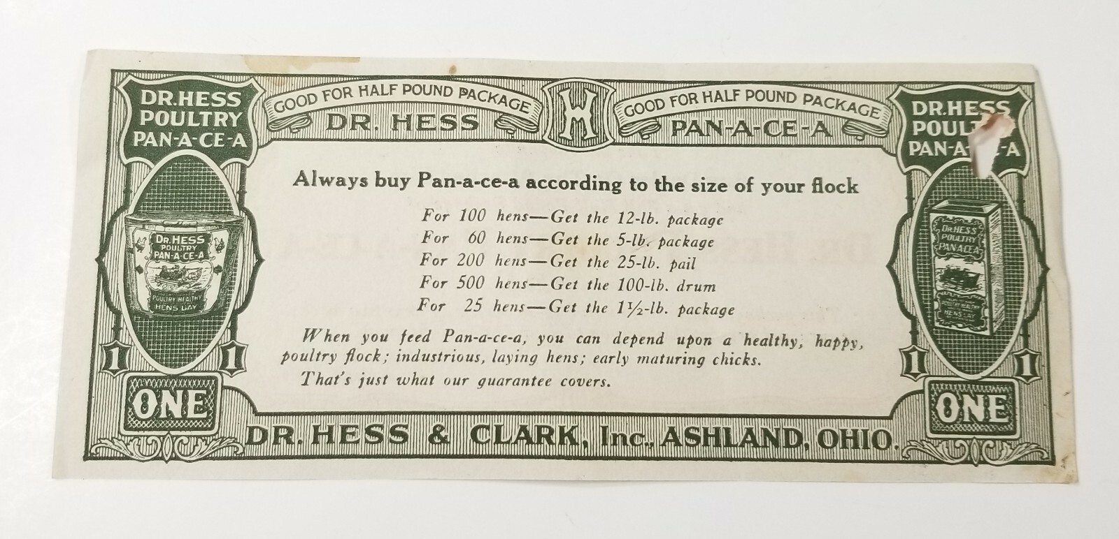 Dr Hess Clark Pan-A-Ce-A Ashland OH Coupon Advert Hen Poultry Farm Homestead E2G
