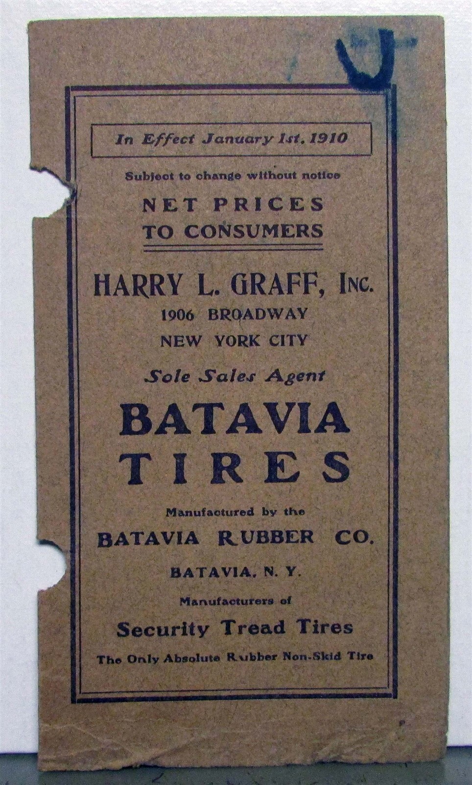 1910 Batavia Tires Net Prices To Consumers Sizing Tubes Sales Folder