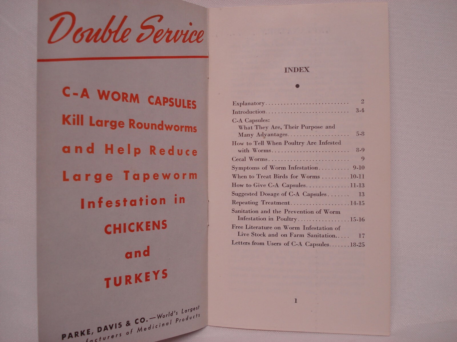 PARKE DAVIS C – A WORM CAPSULES FOR POULTRY LIVESTOCK MEDICINE PAMPHLET