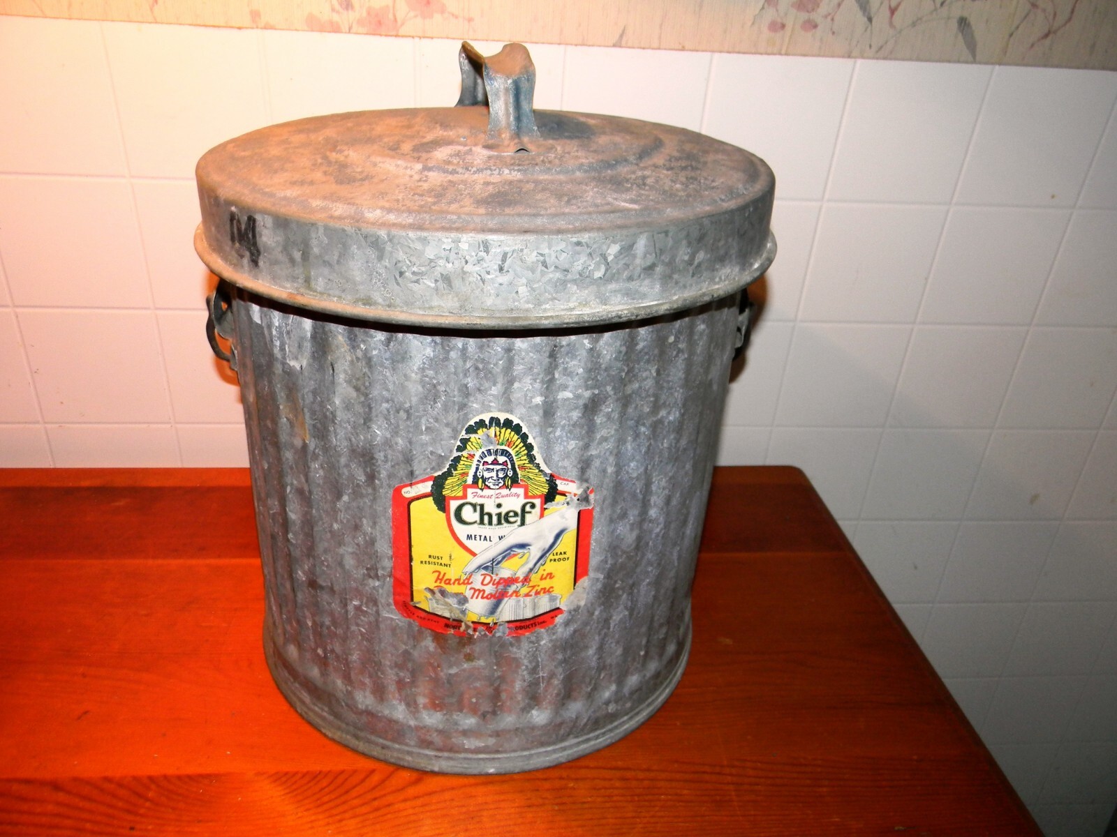 VINTAGE HAND BUCKET INDIAN LABEL 11 INCH TALL ZINC COATED WITH HANDEL PAIL