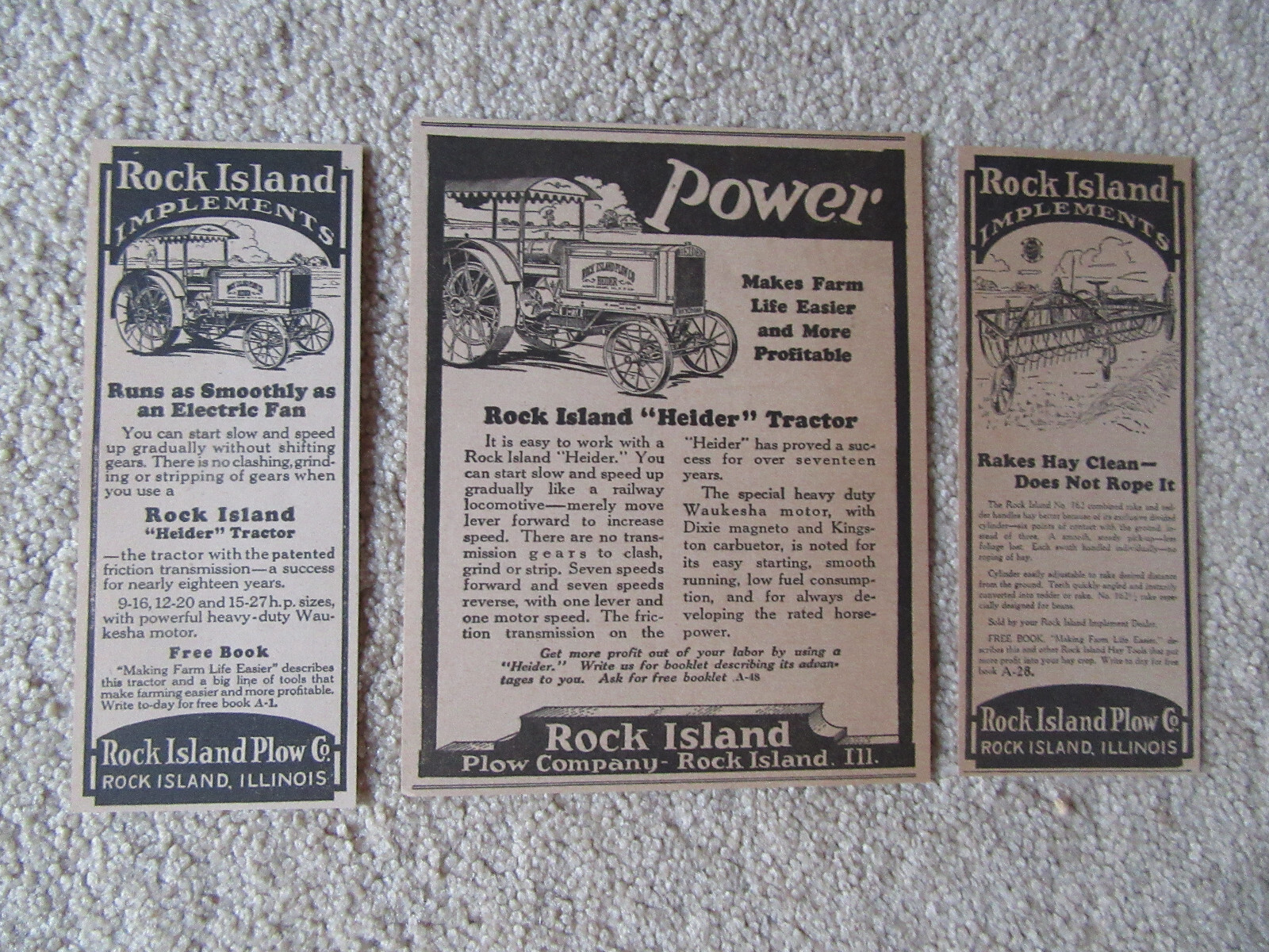 Rock Island Heider Tractor, Waukesha Motor, Hay Rake and Tedder Implement, Ads
