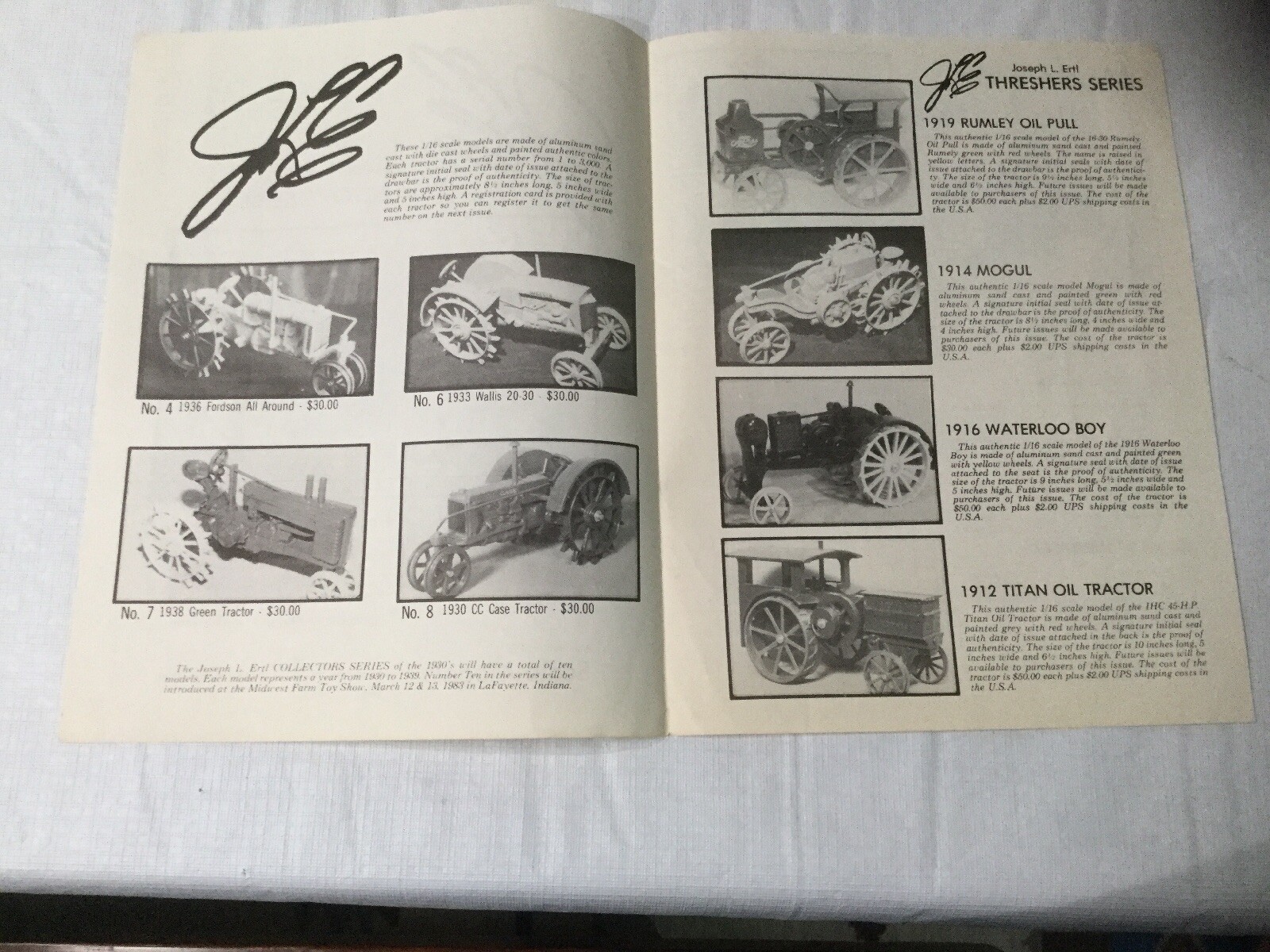 Joseph L. Ertl Scale Models Collectors Series NO. 9, 8, 7, 6, 5 Sales Brochure