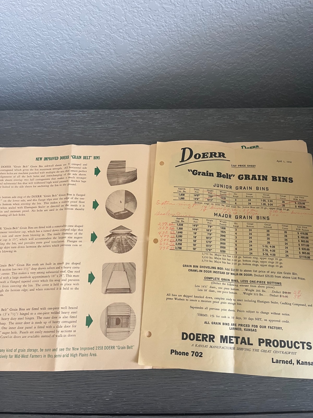 1958 Doerr Grain Belt Grain Bins Brochure w/ Price Sheet – Larned, Kansas