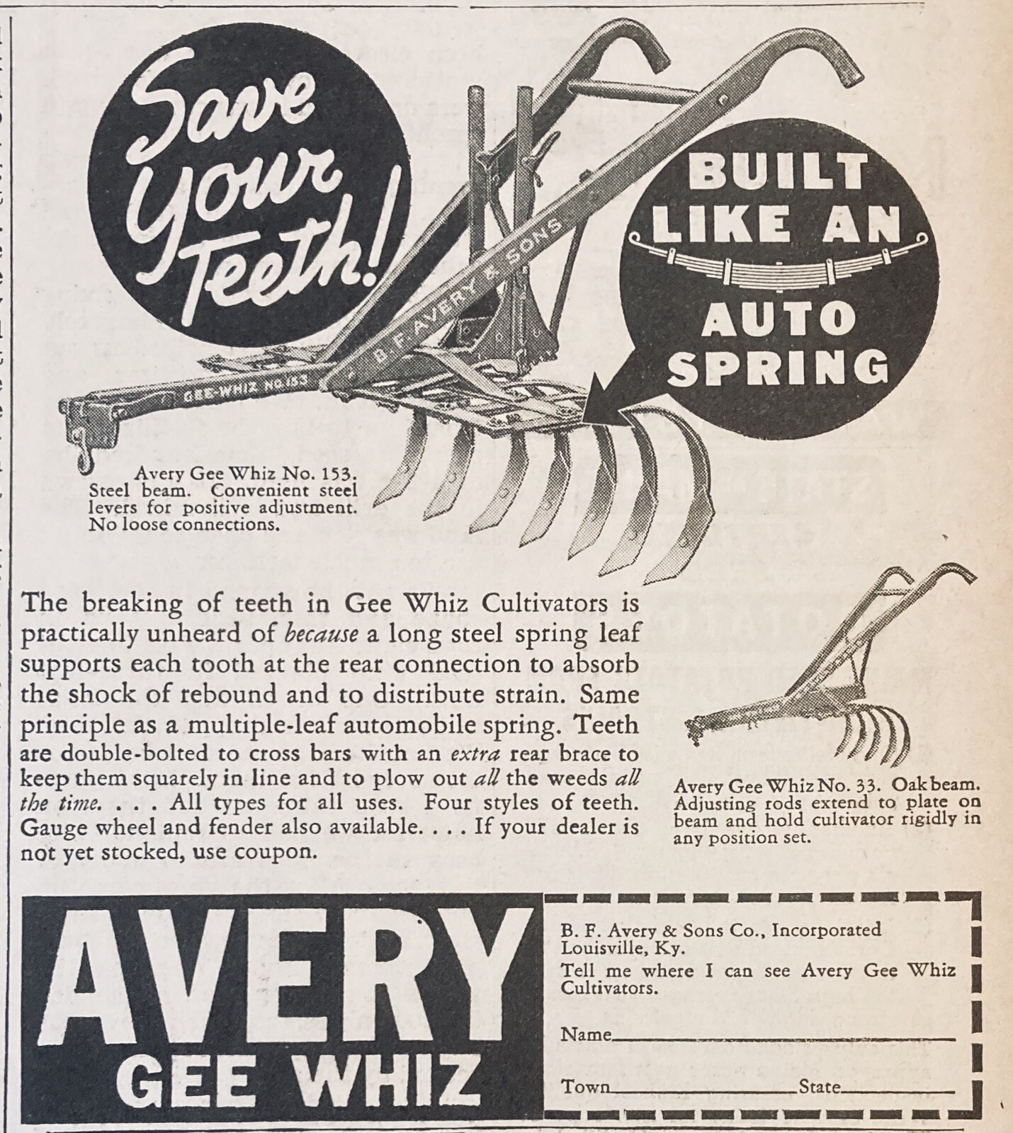 1938 AD.(XG5)~B.F. AVERY SONS CO. LOUISVILLE. AVERY GEE WHIZ NO.153 CULTIVATOR