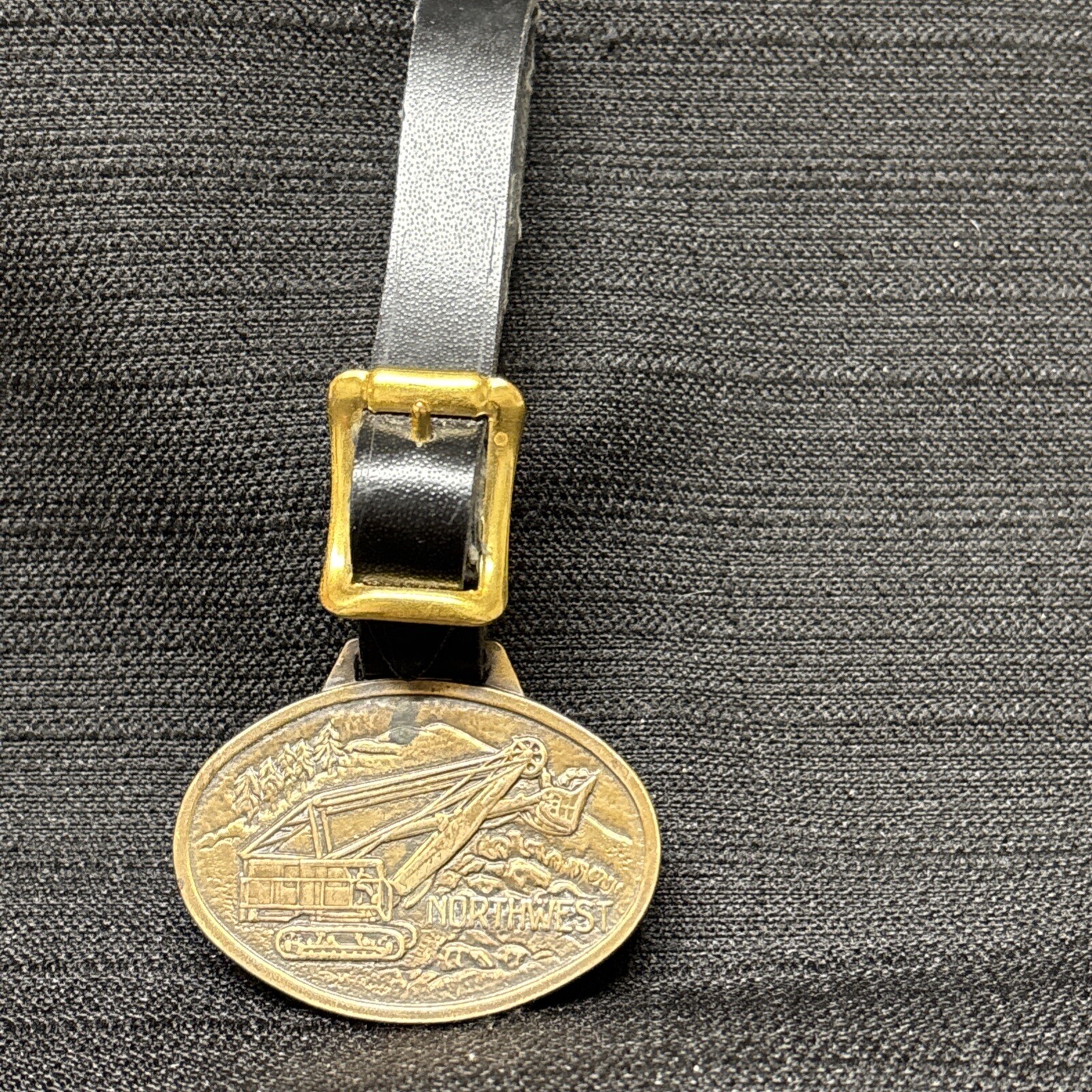 Vtg NORTHWEST Front Shovel Dragline Crane Luggage Tag Brass with Leather Strap
