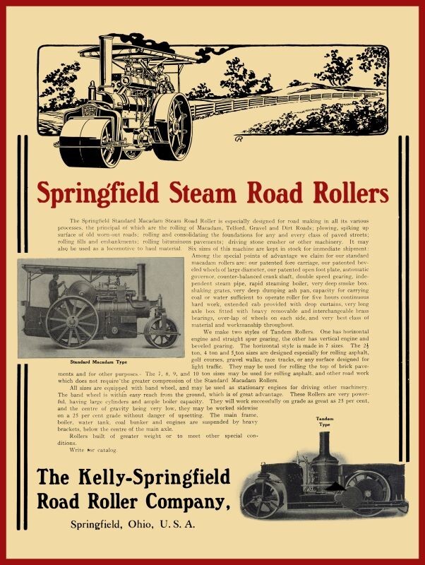Kelly Springfield Steam Road Roller Co. NEW METAL SIGN: Springfield, OhiO