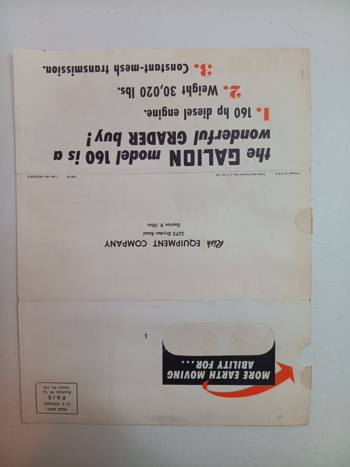 Galion Motor Grader Model 160 Sales Flyer Advertising Mailer