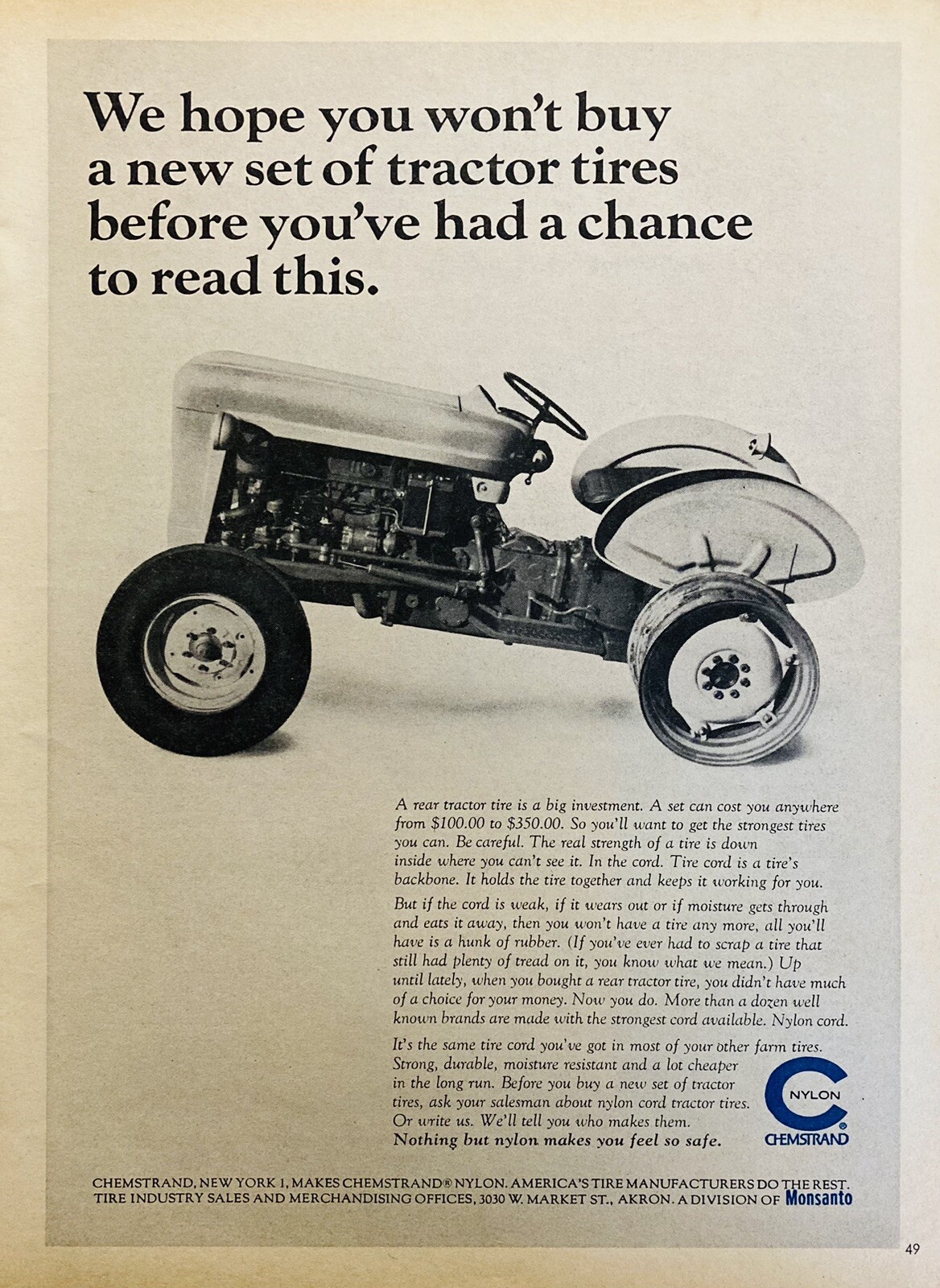 1964 AD.(XH76)~CHEMSTRAND, MONSANTO DIV. AKRON, OHIO. NYLON TRACTOR TIRES