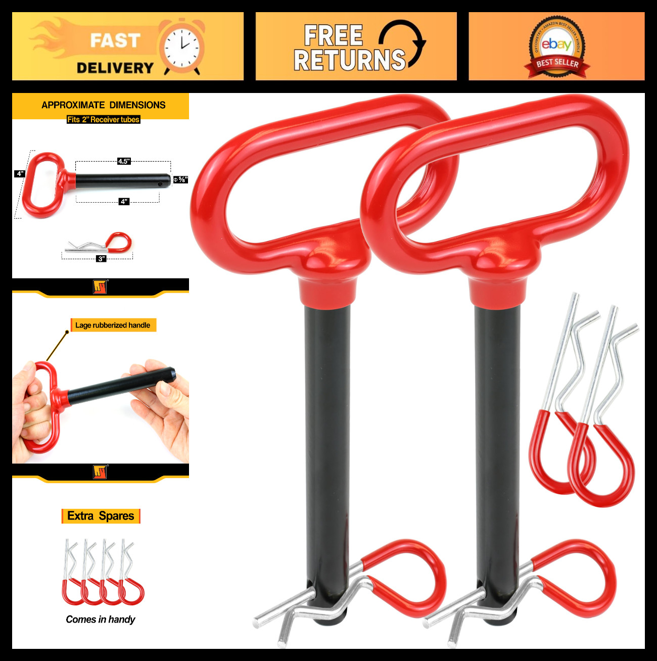 5/8&Prime; Hitch Pin for Trailers & Tractors, 2-Pack Clevis Pin Set, Rust-Resistant, F
