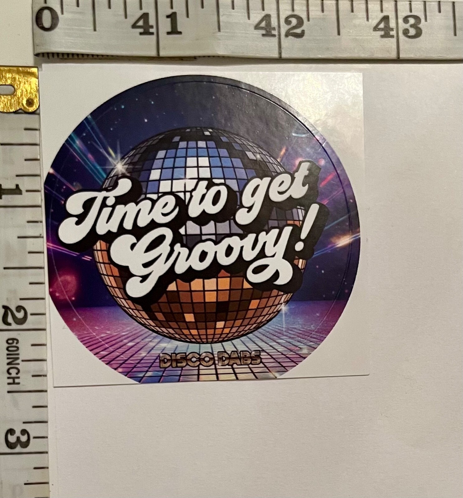 Disco Dabs 2.5&Prime; ROUND GLOSSY PAPER STICKER; OREGON, USA CANNABIS CONCENTRATE AD
