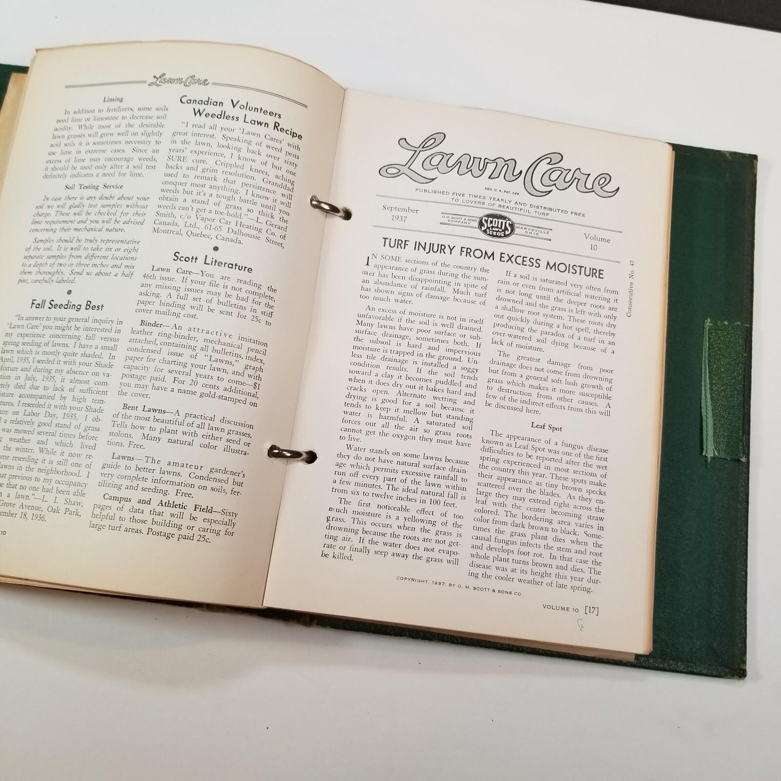 Vintage Scotts Lawn Care Binder Copyright 1937 O M Scott & Sons Co Marysville OH