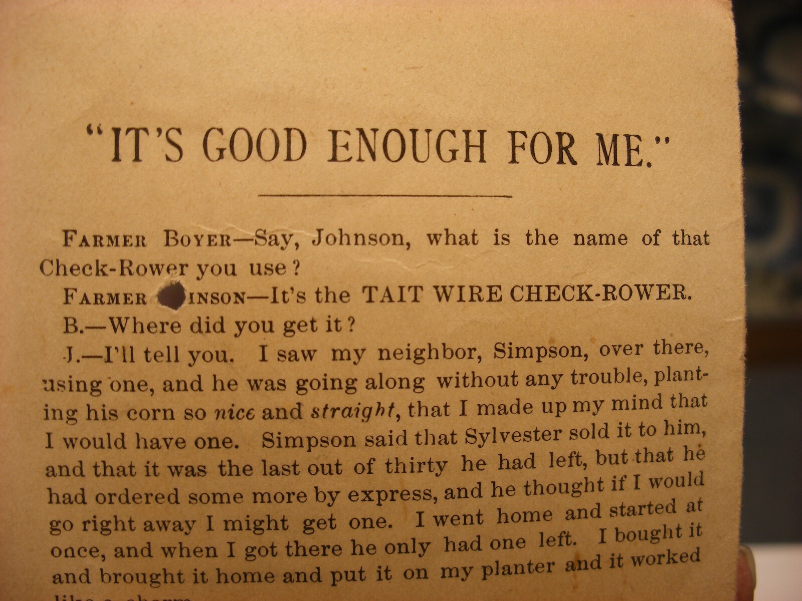 Vintage Farm Farming Equipment Trade Card – Tait Wire Check Rower