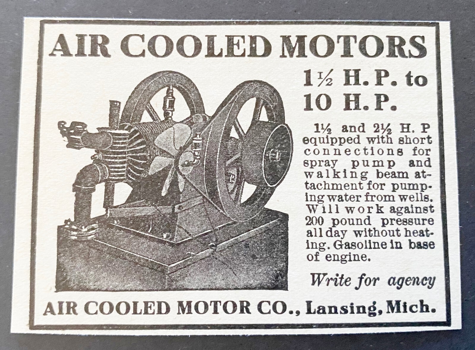 Antique 1910 AIR COOLED MOTOR CO Vtg Small Farm Engine Print Ad~Lansing,Michigan