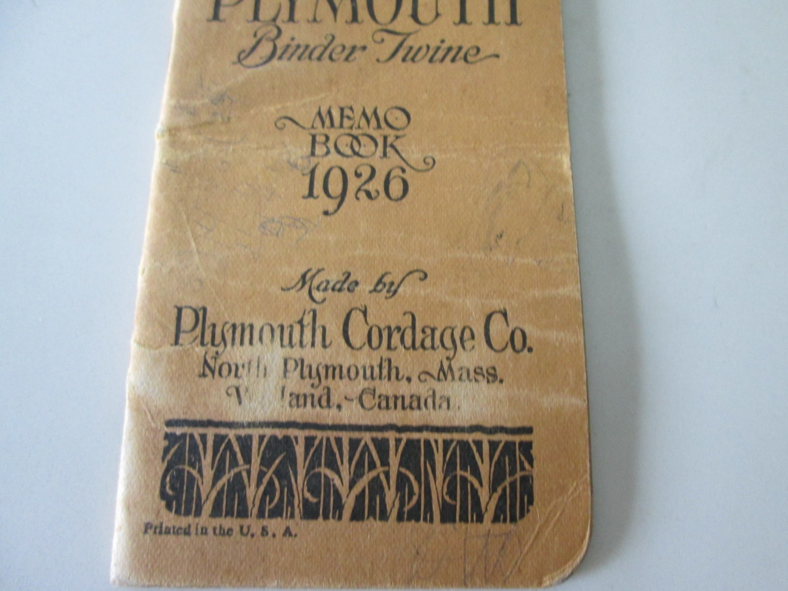 1926 Plymouth Binder Twine Memo Book Plymouth Cordage Co, N Plymouth, Mass