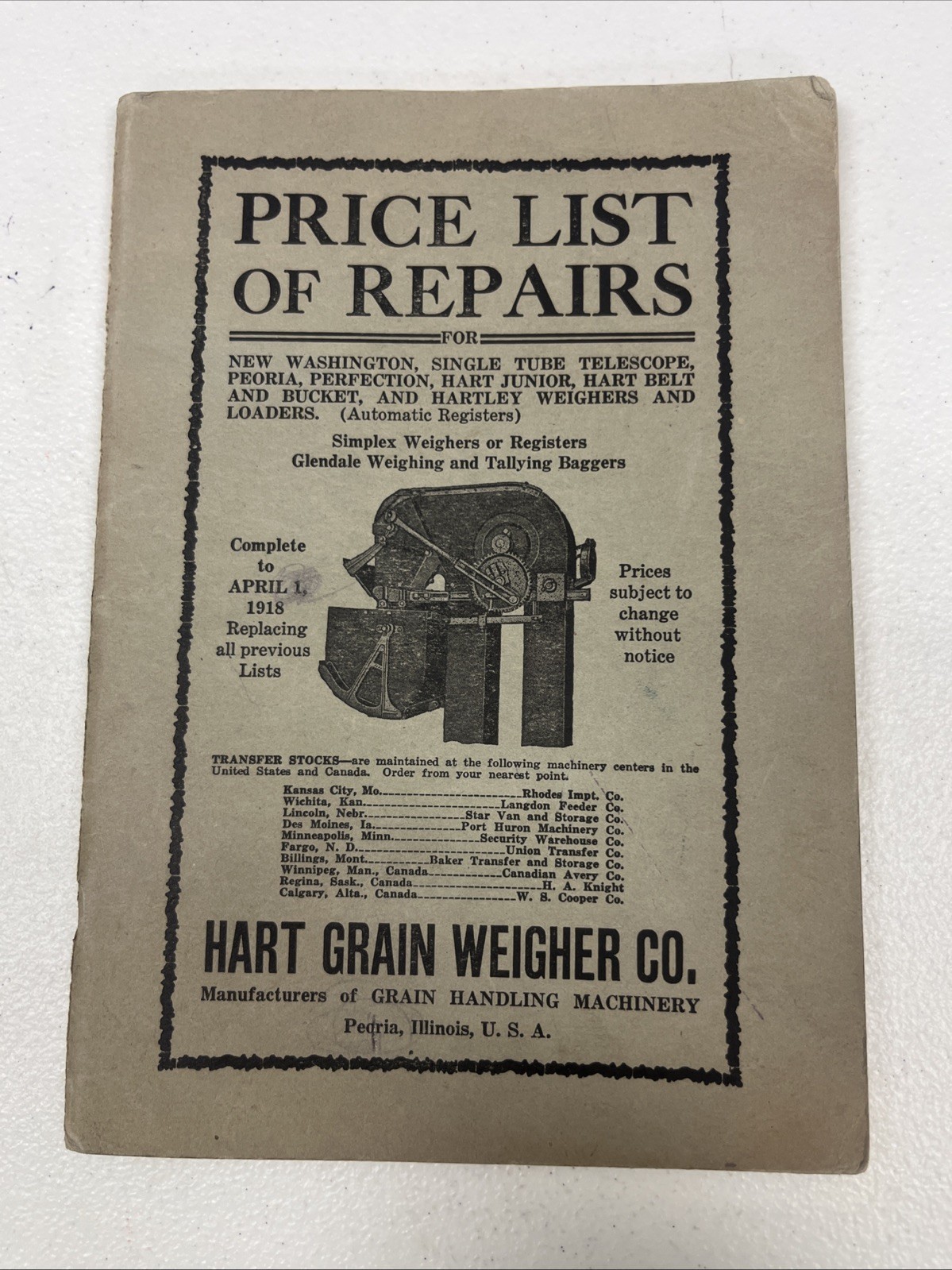 Vintage Booklet 1918 Hart Grain Weigher Co. Price List Of Repairs
