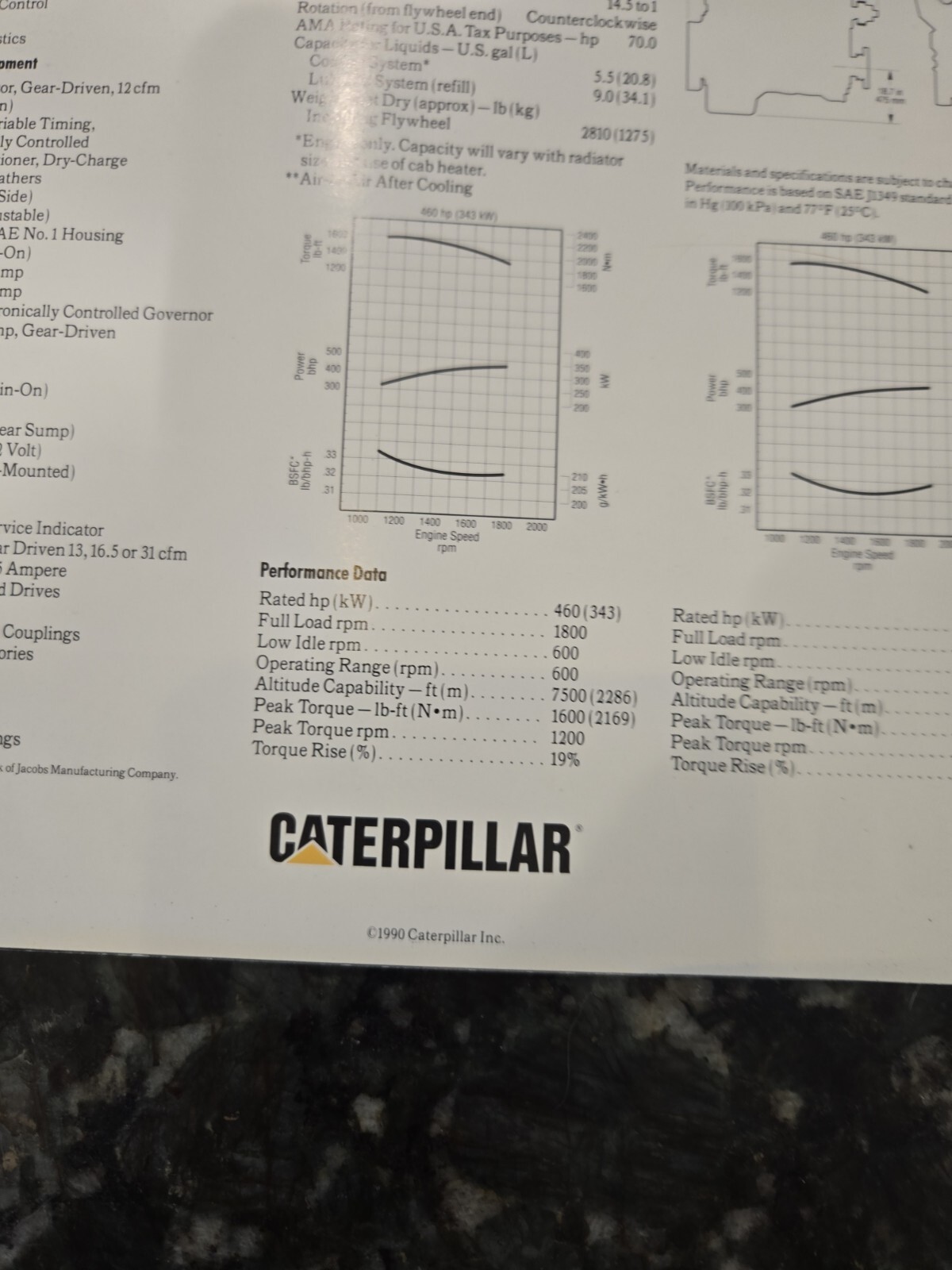 Caterpillar CAT 3406B 460hp Brochure Manual 1990 Engine Collection