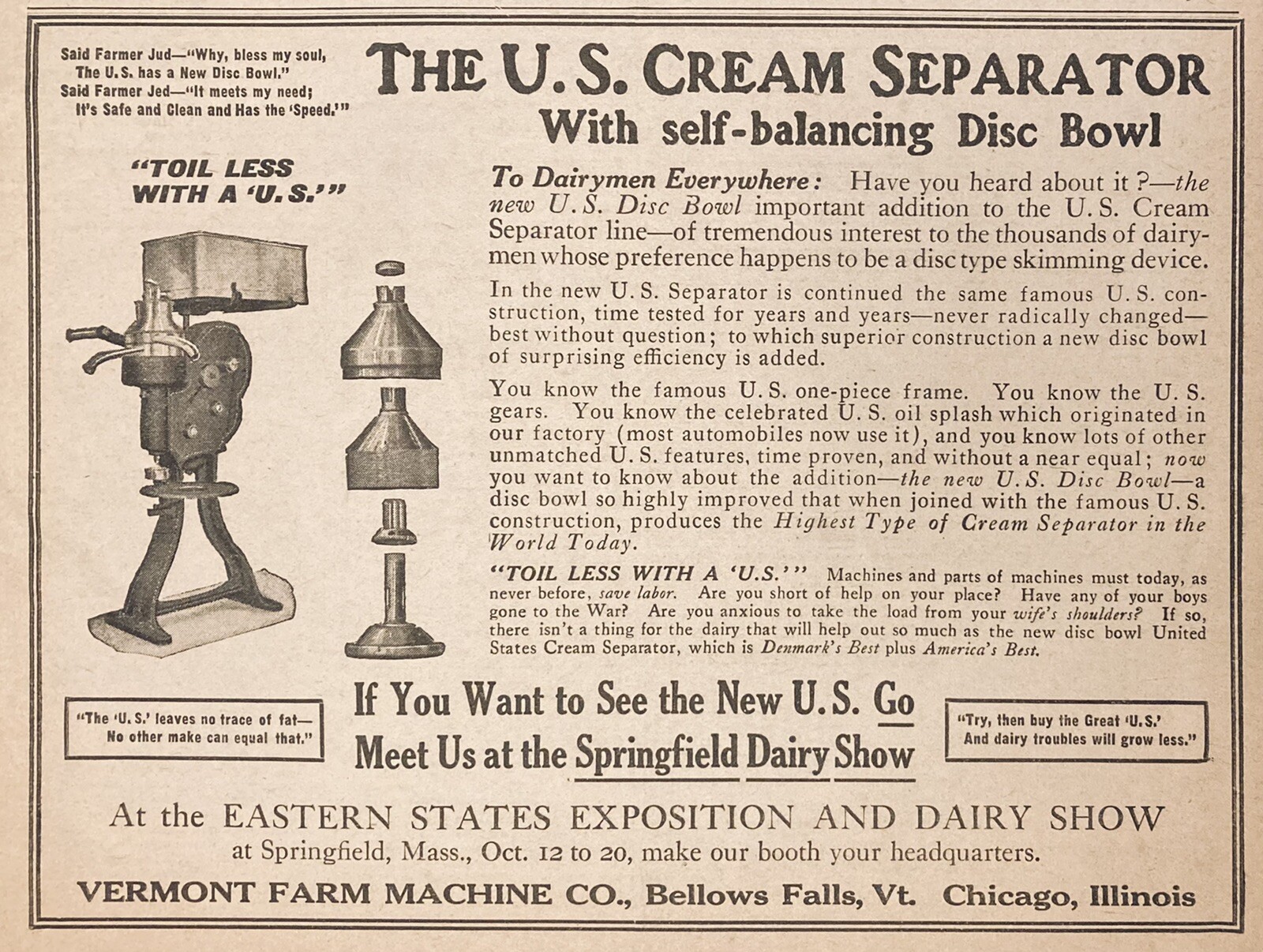 1917 AD.(XH53)~VERMONT FARM MACHINE CO. BELLOWS FALLS, VT. U.S. DREAM SEPARATOR