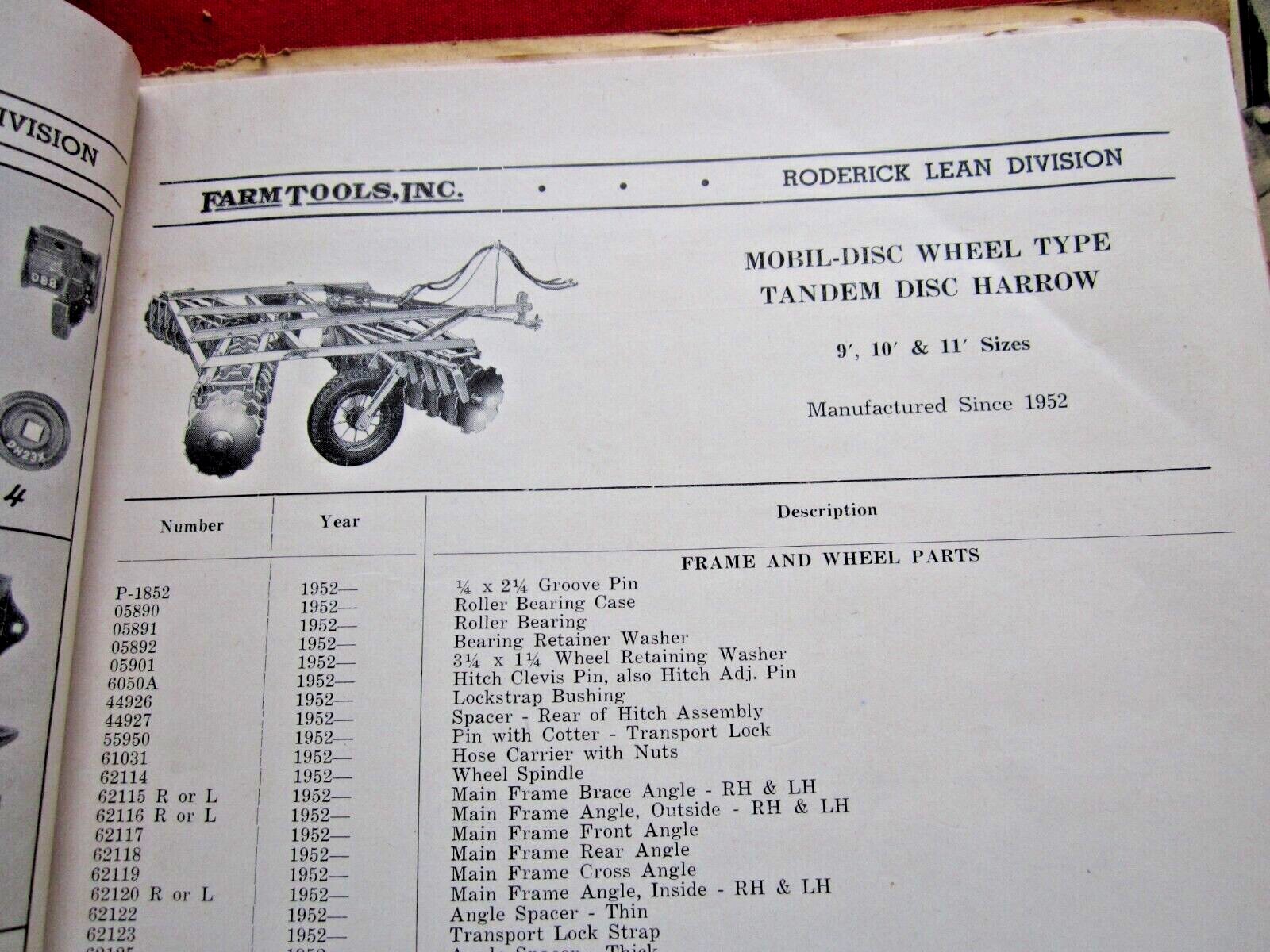 1952 FARM TOOLS, INC HORSE DRAWN FARM IMPLEMENTS 70+ PAGE PARTS CATALOG MANUAL