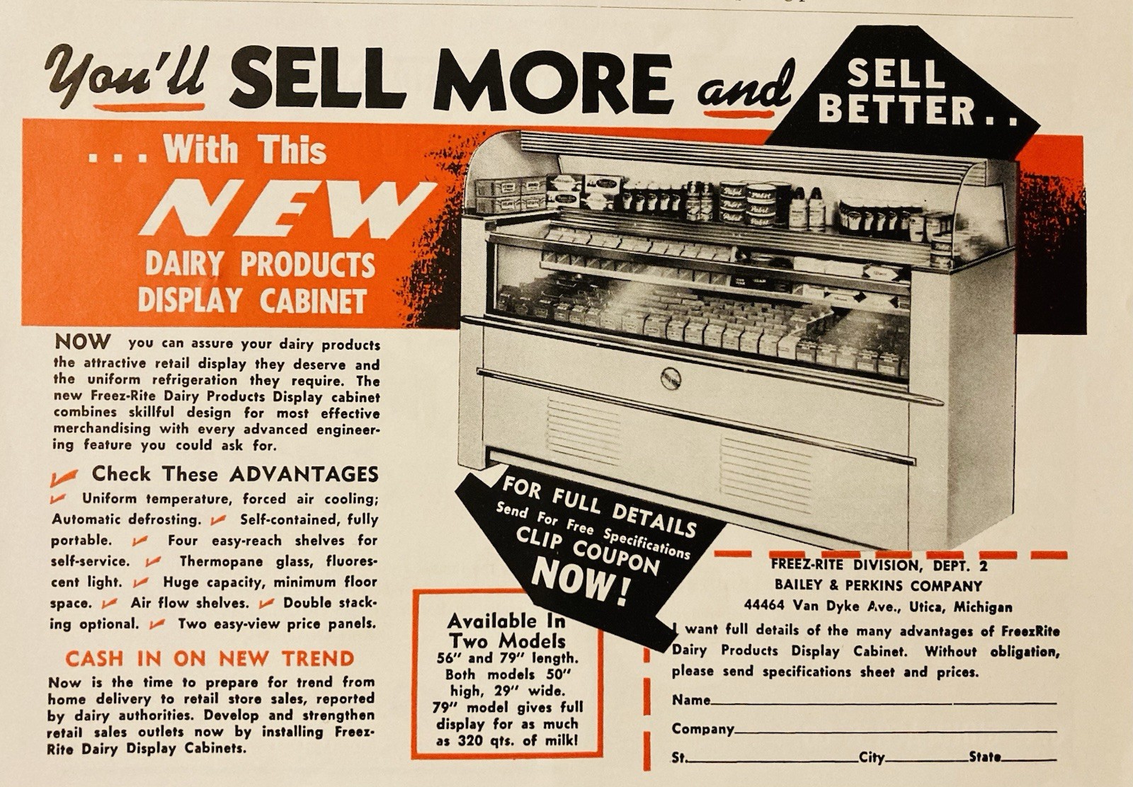 1953 AD.(PC10)~BAILEY & PERKINS CO. UTICA, MI. DAIRY PRODUCTS DISPLAY CABINETS