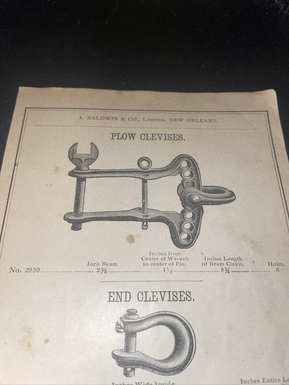 1891 Baldwin – Plow Clevises Farm Advertising – New Orleans – Louisiana