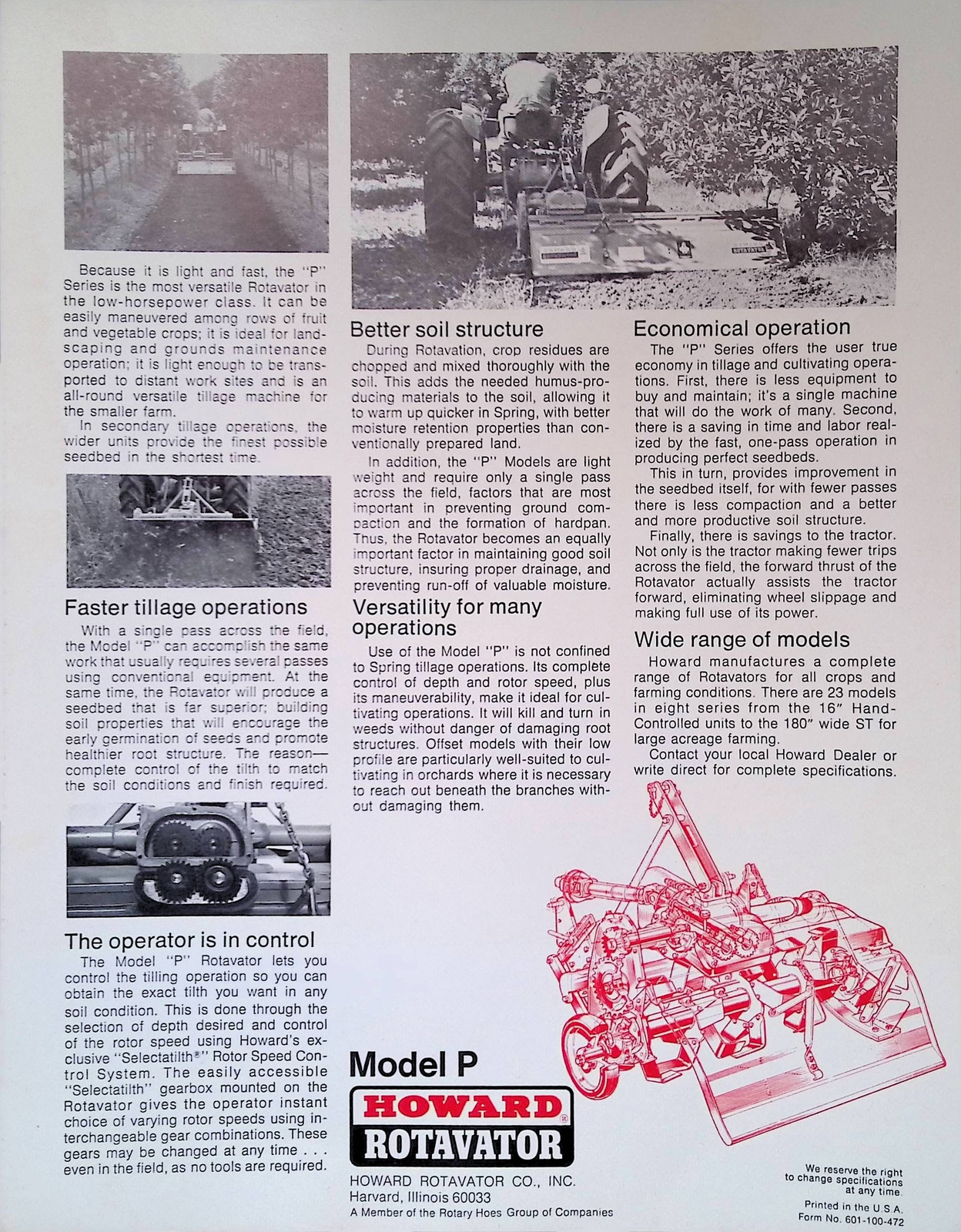 Vintage Farm Advertisement Spec Sheet Howard Rotavator Model P for Tractors