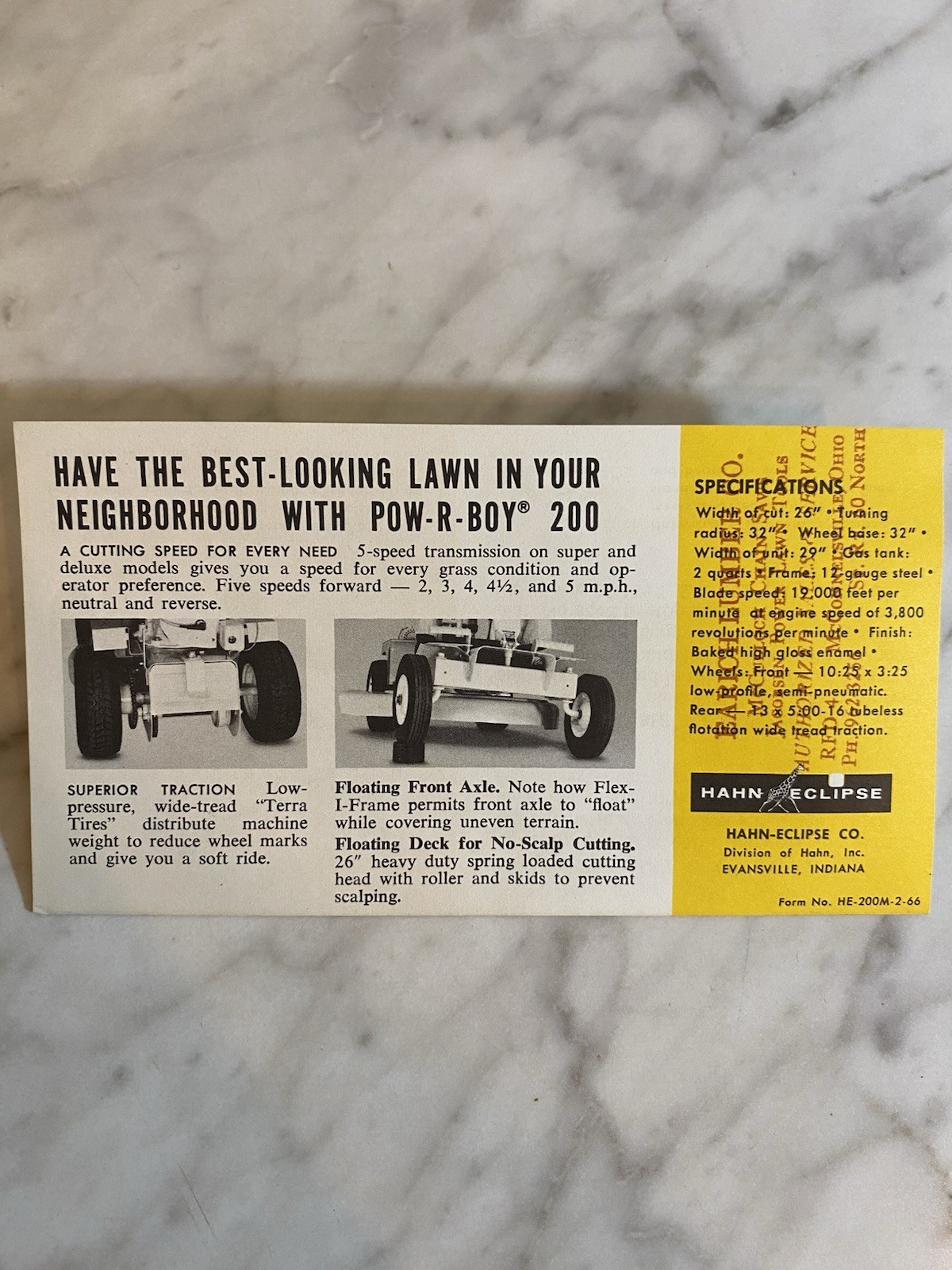 Vintage 1966 Hahn-Eclipse Pow-R-Boy 200 Riding Mower Advertising Brochure Yellow