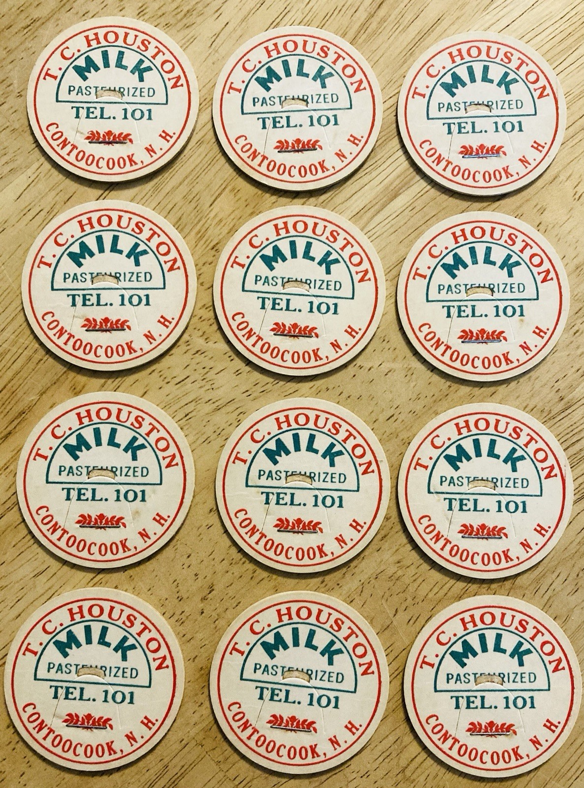 MILK BOTTLE CAP LOT OF (12)~T.C. HOUSTON DAIRY FARM, CONTOOCOOK, NH.