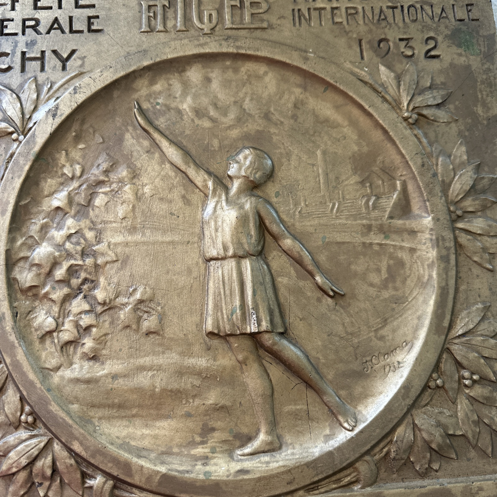 Antique French Gymnastics, Trophy Plaque, France c. 1932 RARE. 14 X 14.5