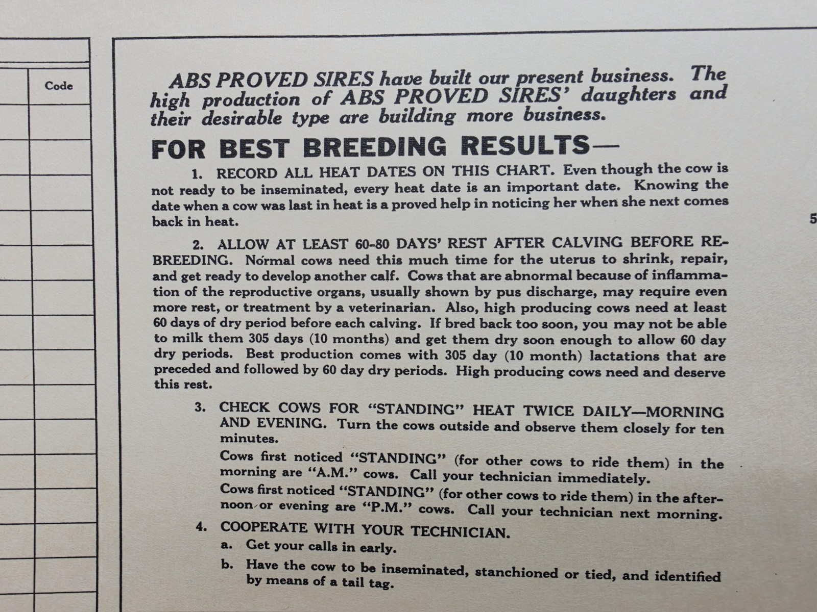 Rare 1957 American Breeders Service Folder Cow Breeding Schedule NOS Advert