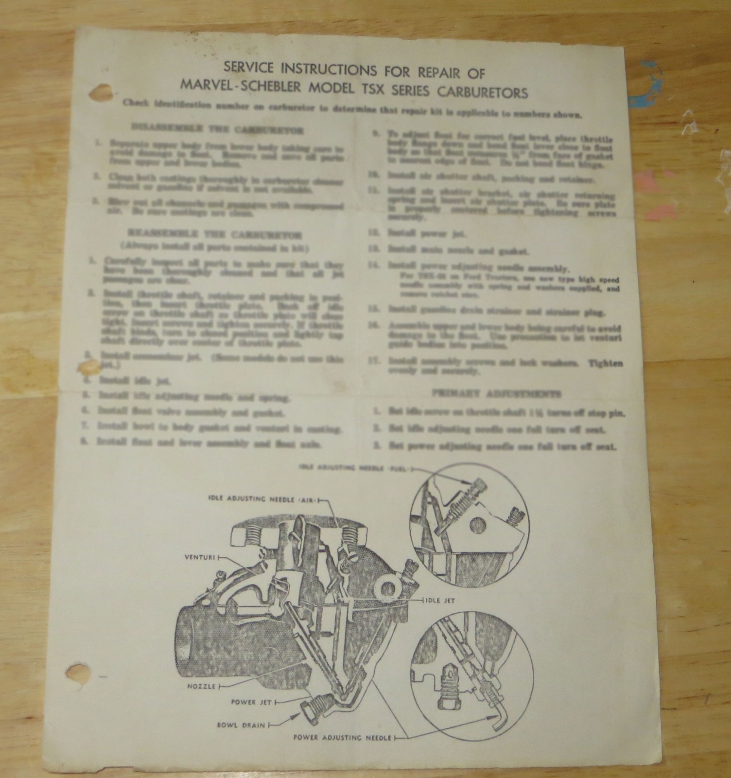 Vintage Marvel-Schebler Model TSX Farm Tractor Carburetor Service Doc 1940&rsquo;s