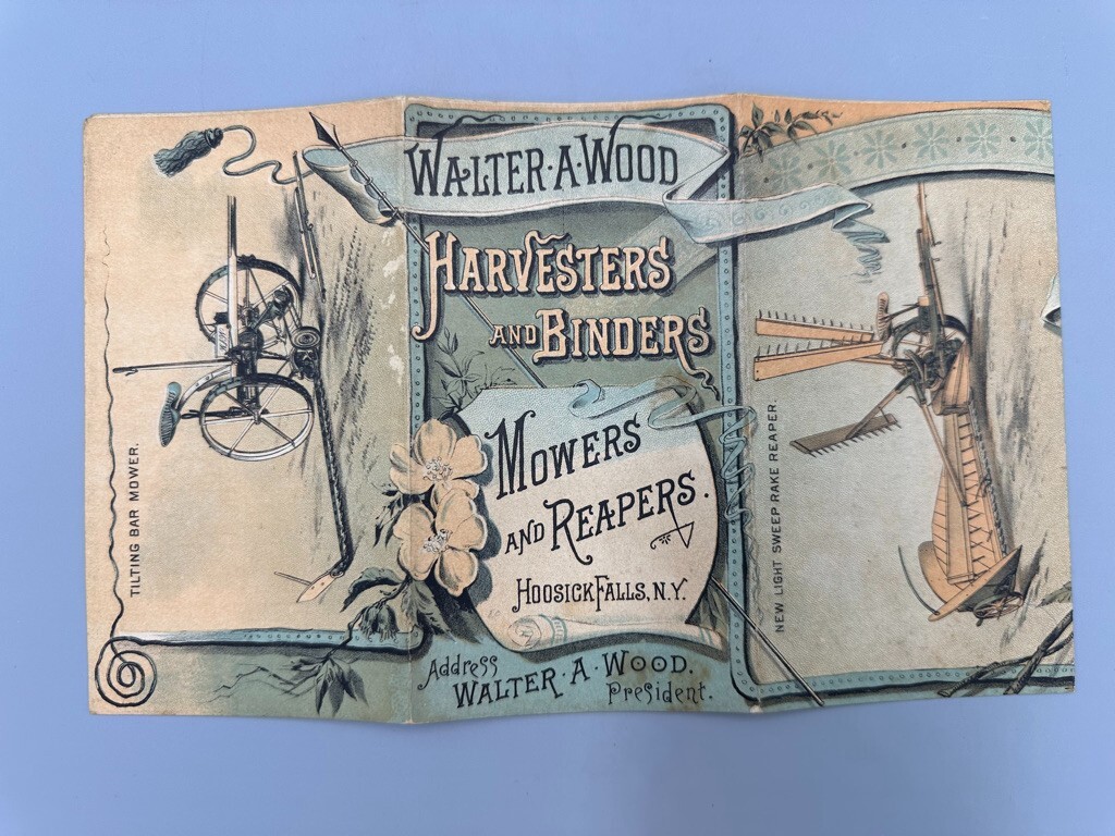 1886 Harvester WALTER WOOD Victorian FARM Advertising Trade Card HOOSICK FALLS