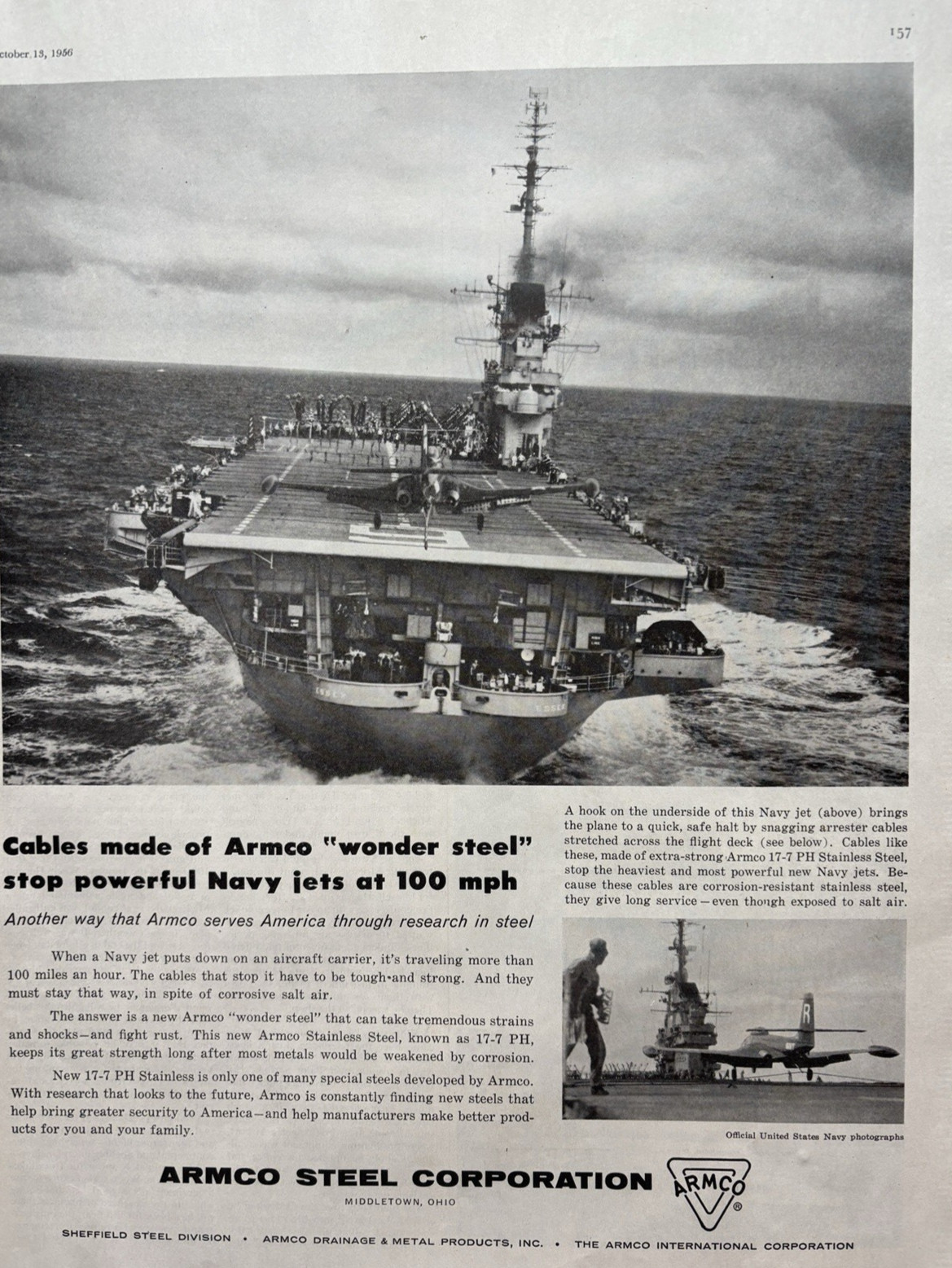 1956 ARMCO Steel Corp Middletown Ohio Aircraft Carrier Navy Jets VTG Print Ad