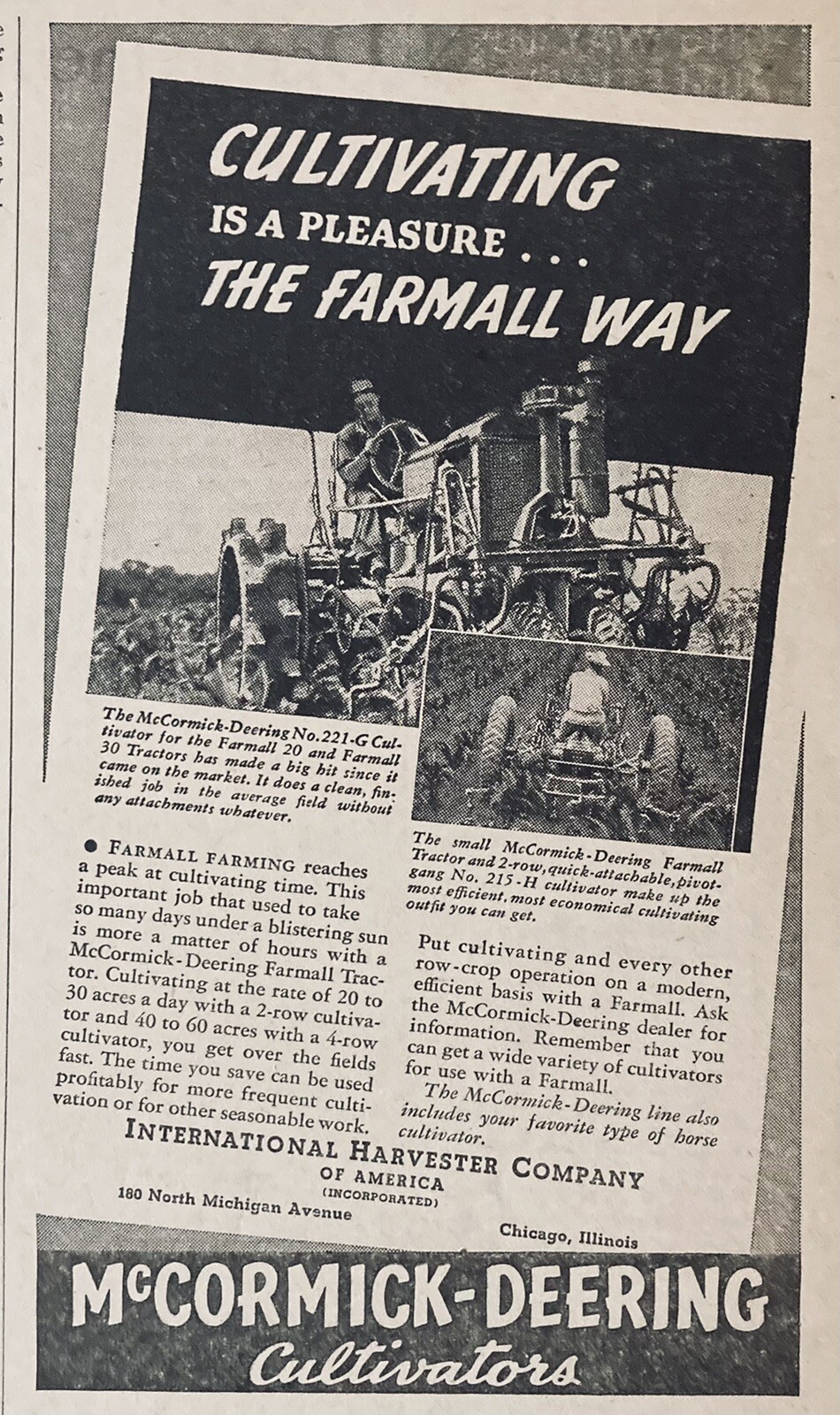 1939 AD.(XH19)~MCCORMICK-DEERING NO.221-G CULIVATOR FOR FARMALL 20 TRACTOR