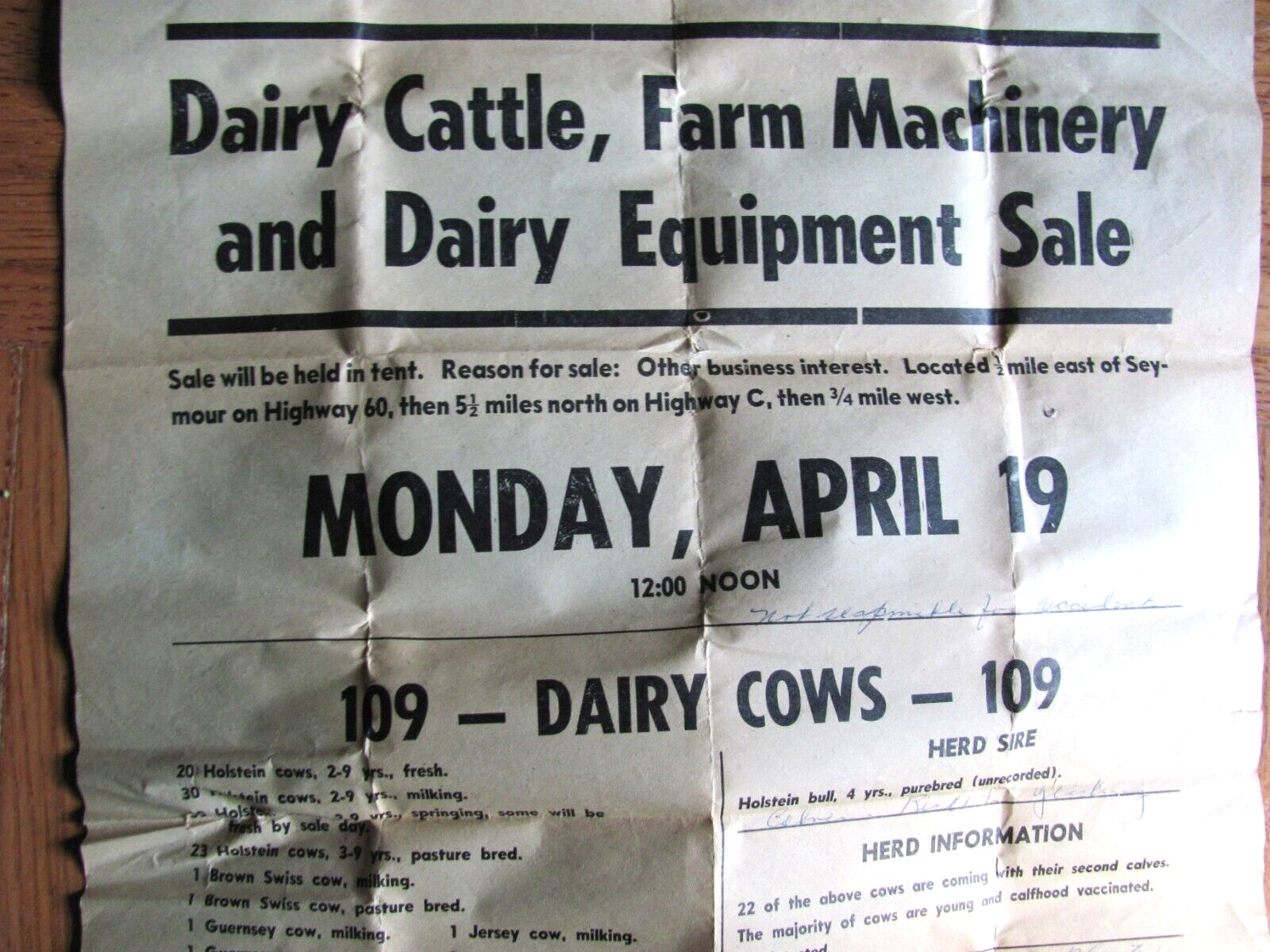 1960&rsquo;S DAIRY FARM AUCTION POSTER SEYMOUR MISSOURI AREA HARRY THREW