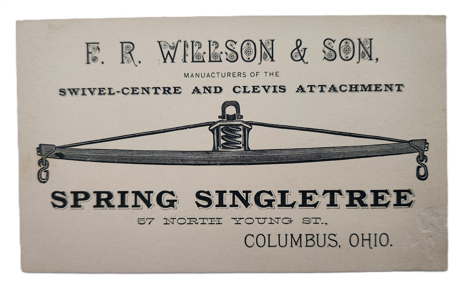 1880s antique F. R. WILSON columbus oh SPRING SINGLE TREE trade card HORSE EQUIP