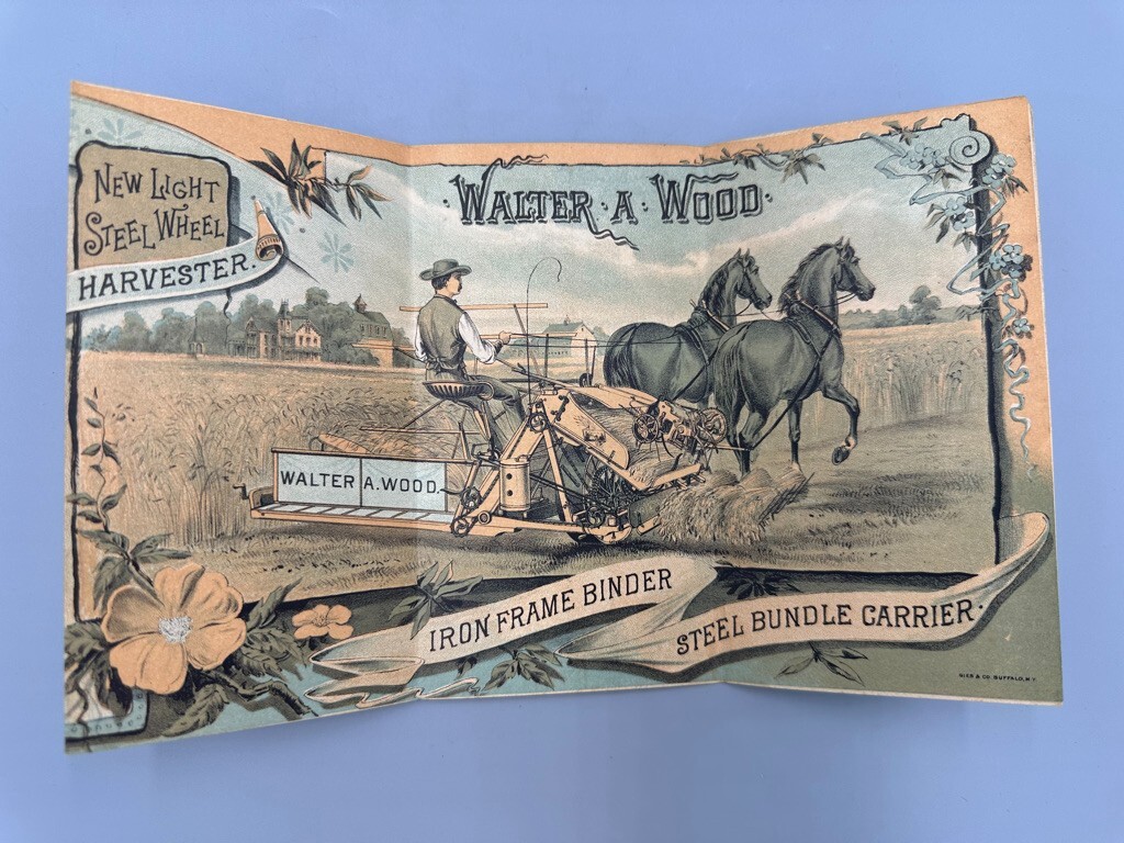 1886 Harvester WALTER WOOD Victorian FARM Advertising Trade Card HOOSICK FALLS