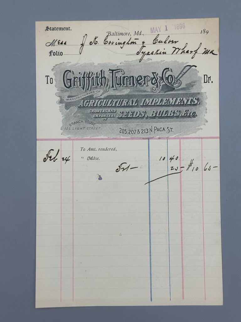 1896 PLOW Griffith Turner Agricultural Implements FARM Advertising BALTIMORE MD