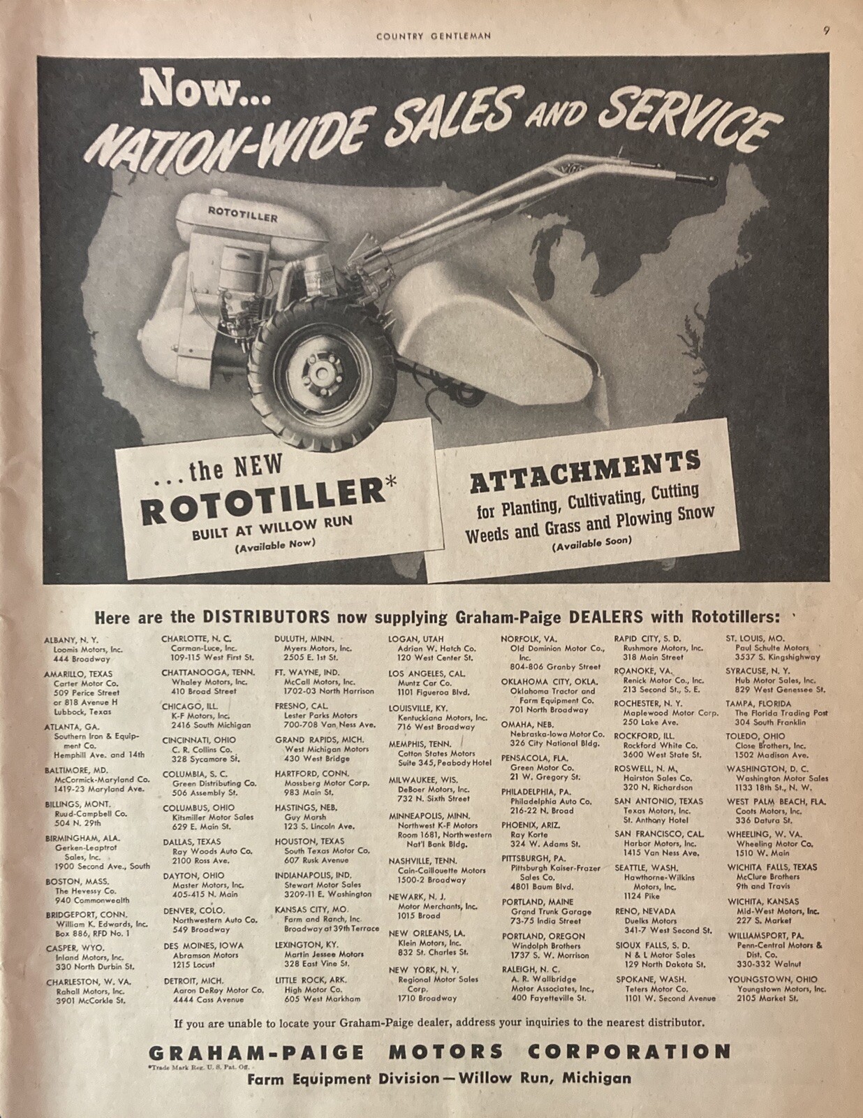 1946 AD.(XF17)~GRAHAM-PAIGE MOTORS CO. WILLOW RUN, MI. NEW ROTOTILLER TRACTOR