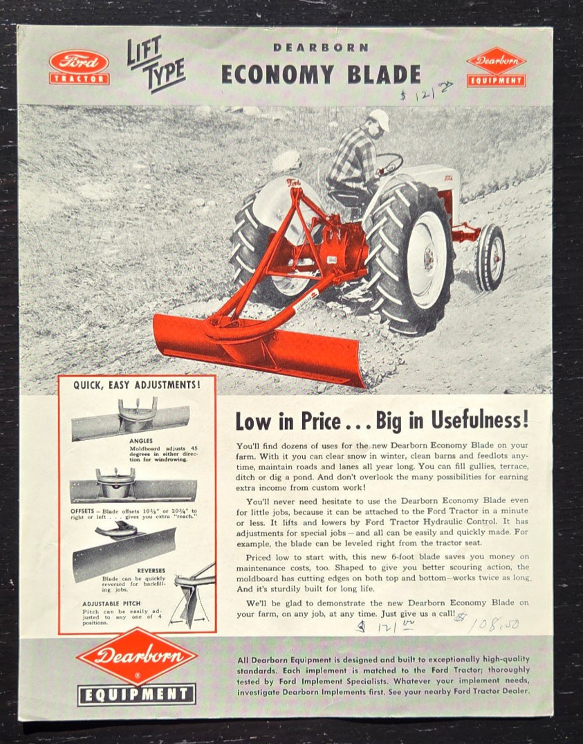 1959 FORD TRACTOR DEARBORN FARM EQUIPMENT ECONOMY BLADE SALES ADVERTISEMENT