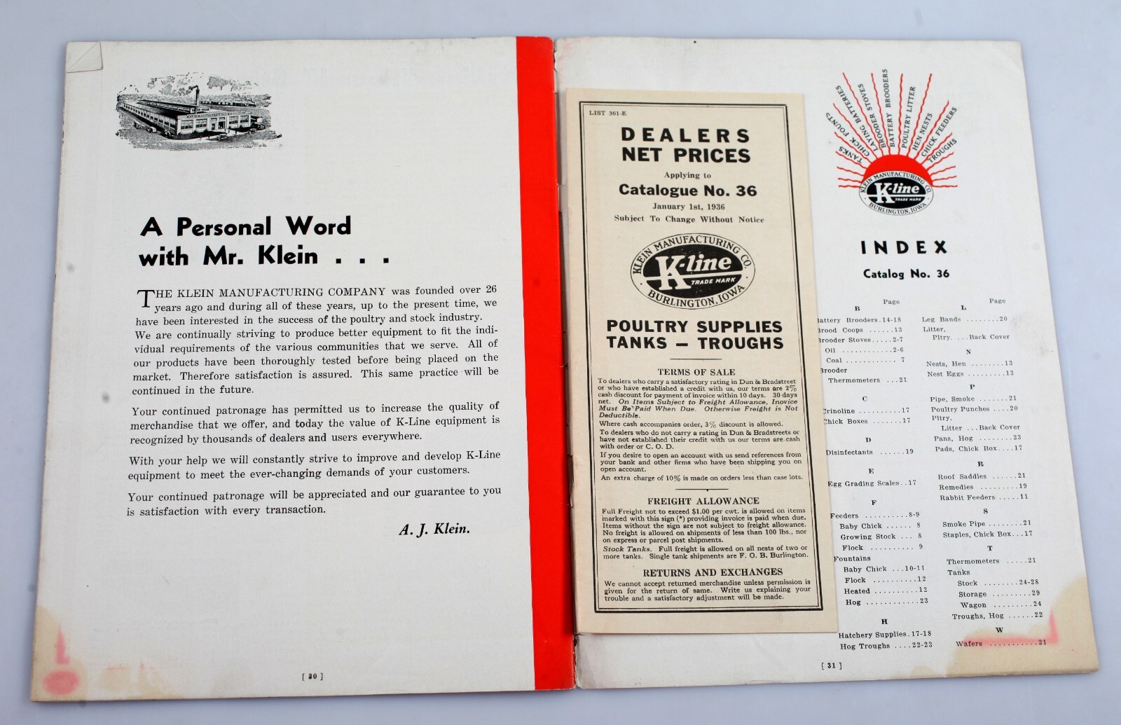 1936 Klein Mfg. Co. Poultry Supplies Farm Tanks Troughs Catalog Burlington Iowa