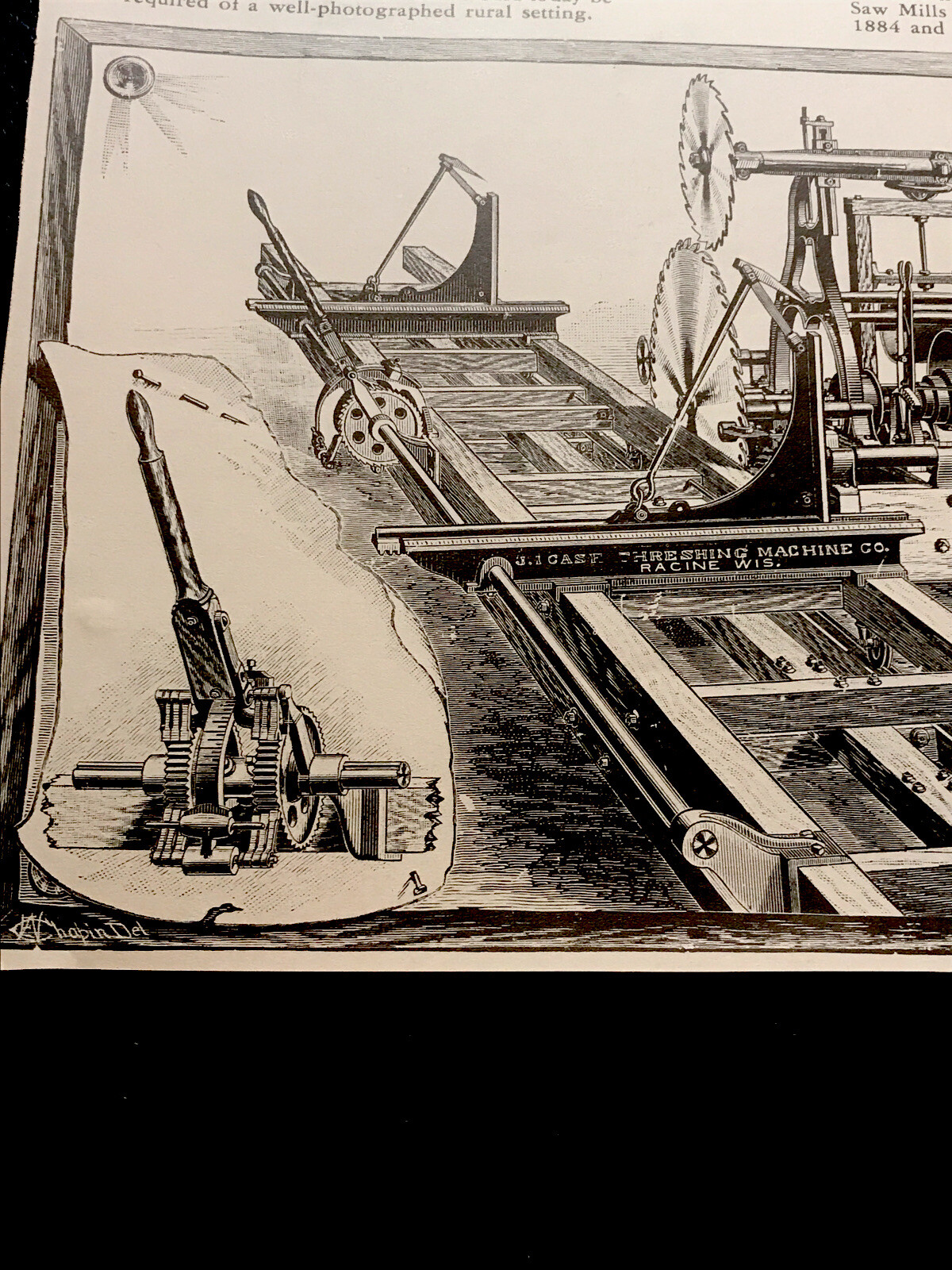 1882 J.I. Case Saw Mill & 1884 Portable Case Saw Mill Engraving Advertising