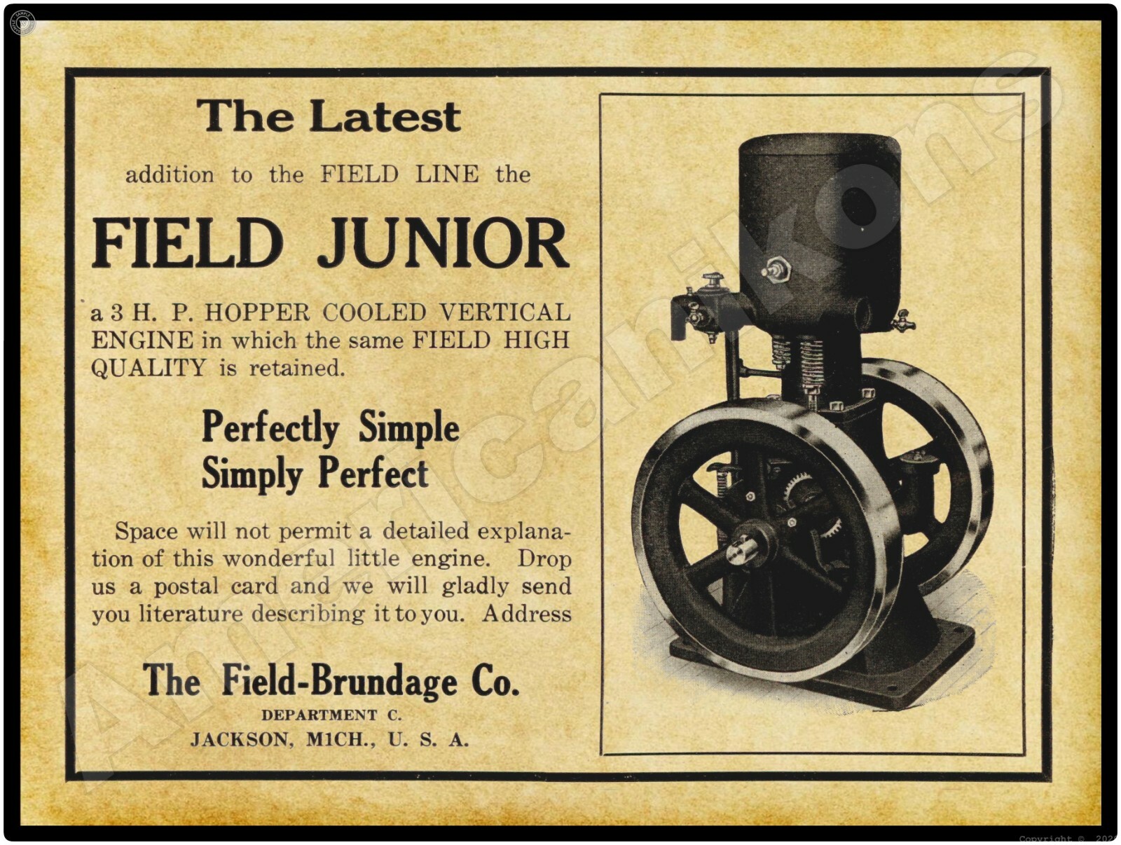 1910 Field-Brundage Gas Engines New Metal Sign: Jackson, MI LARGE SIZE 12 x 16