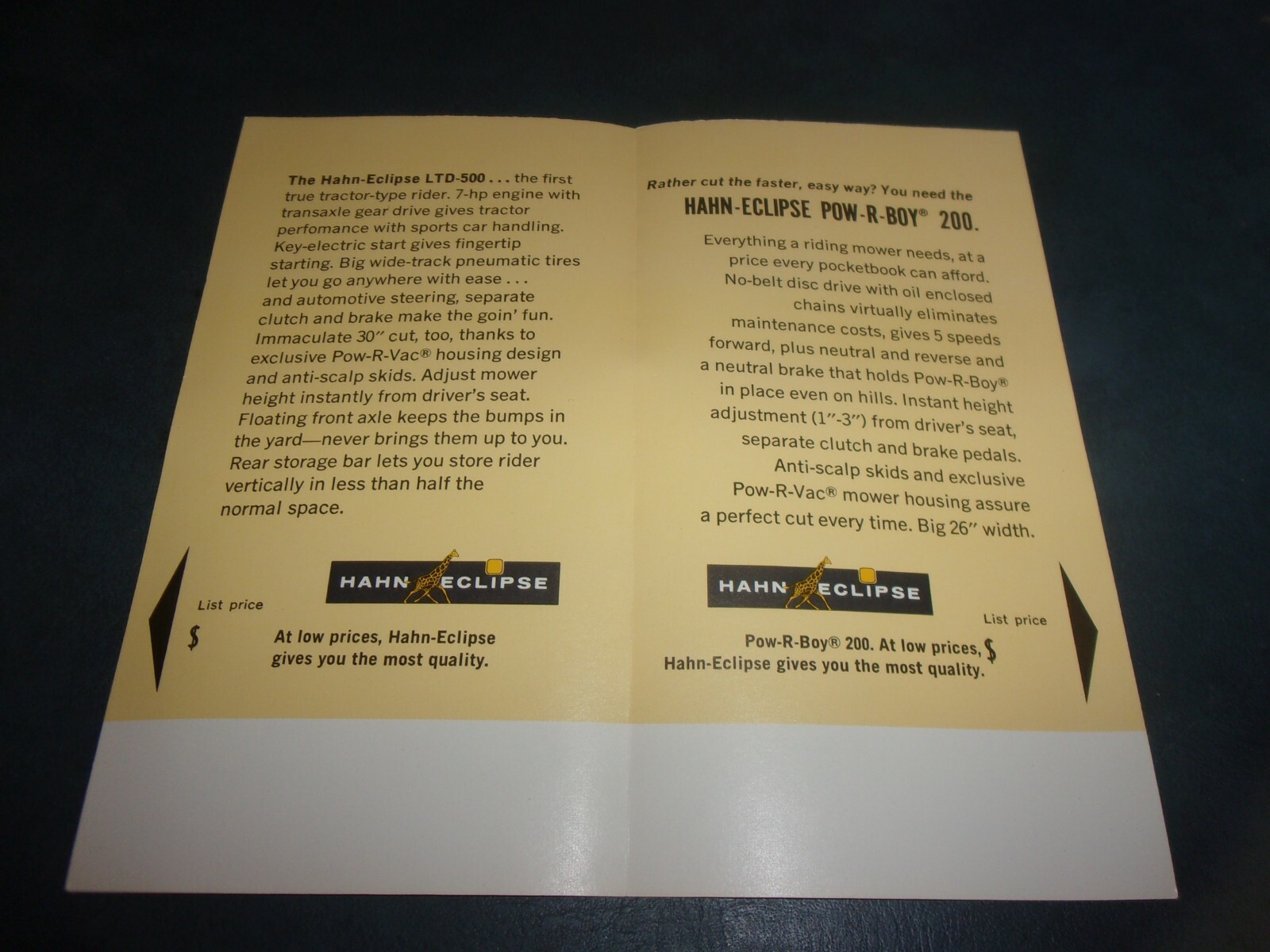 HAHN-ECLISPE POW-R-BOY 200/LTD 500 RIDING MOWER BROCHURE *** VINTAGE ORIGINAL