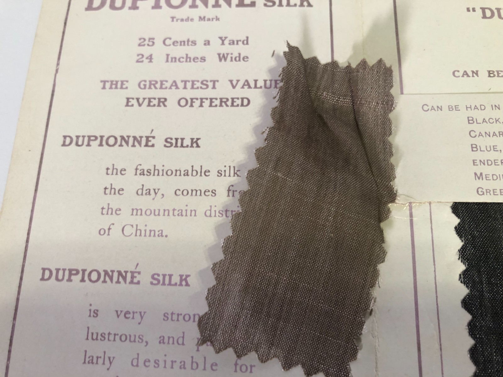 Antique Dupionne Silk samples from Davidson Bros Co Sioux City Iowa