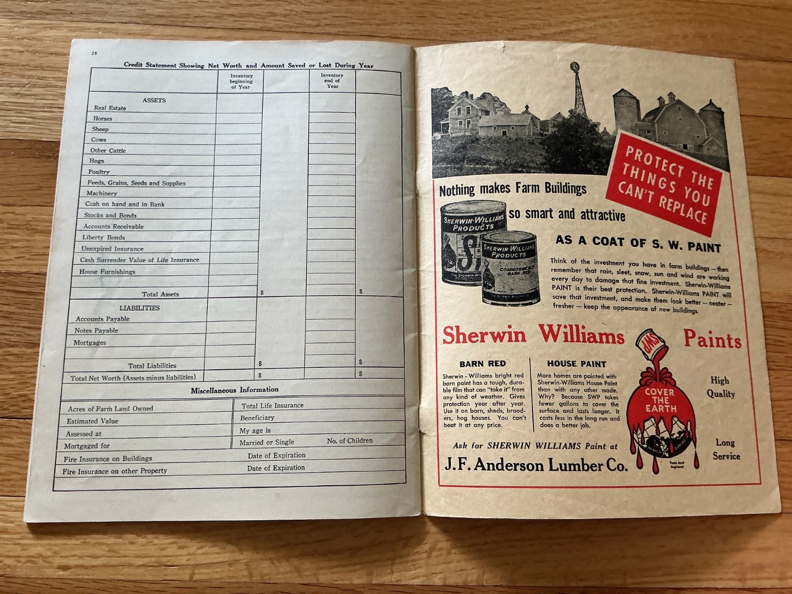 1945 Farm Acct. Record Book – J. F. Anderson Lumber Co. Minnesota, Iowa, Dakotas