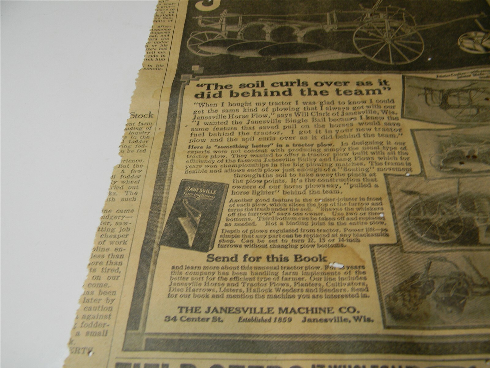 Vintage 1917 Janseville Machine Co. Tractor Plow Man Cave 1910&rsquo;s Print Ad 5A11